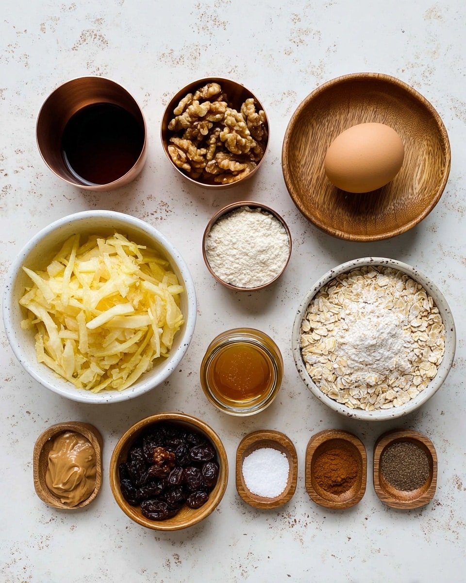The image shows a top view of several small bowls and a plate arranged neatly on a white marbled surface. There are nine containers in total: a white bowl filled with shredded yellow apples at the bottom left, a wooden plate with a brown egg and a small cup of dark maple syrup on the top left, a small copper cup of walnut pieces next to it, a white bowl of white flour in the center, a small glass jar with light brown honey below the flour, a small jar of almond butter next to the honey, a white bowl of light beige rolled oats on the top right, a small copper cup of dark raisins near the oats, and a small wooden dish on the bottom right with four different ground spices and white baking soda in small piles. The arrangement is tidy and bright. Photo taken with an iphone --ar 4:5 --v 7