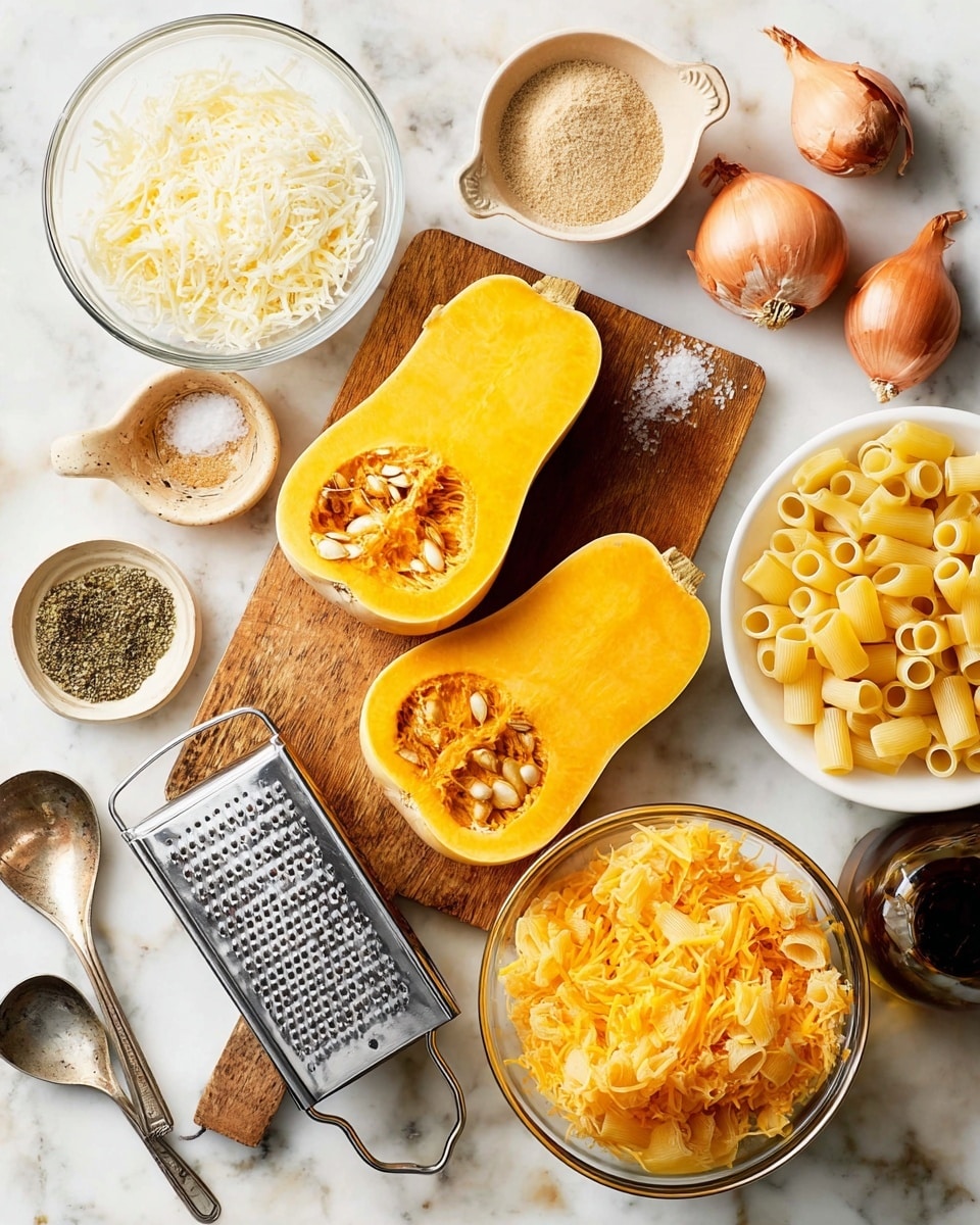 The image shows cooking ingredients arranged on a wooden board and a white marbled surface. At the center are two halves of a yellow butternut squash with seeds inside. To the top left, there is a clear bowl filled with shredded white cheese. Next to it is a small white bowl with a light brown powder. A small round plate with green and white spices is near the bottom left. A metal box grater with some shredded cheese is placed near the squash. To the right, a large clear bowl holds uncooked yellow pasta shells. Below it is another clear bowl filled with shredded orange cheese. At the top right, there are two shallots and a small bottle of olive oil. A small beige ramekin contains coarse salt with a small wooden spoon in it. Two measuring spoons with silver handles rest near the bottom left corner. Part of a white container and a small dark bottle are seen at the bottom right corner. The background is a white marble surface photo taken with an iphone --ar 4:5 --v 7