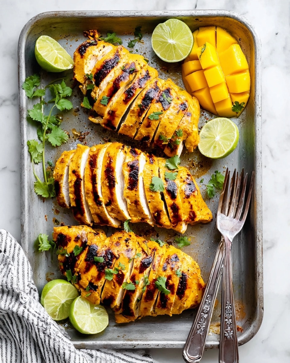 The image shows three grilled chicken breasts placed side by side on a silver tray with slight wear marks. Each chicken breast is sliced into multiple thick pieces, revealing tender white inside with a golden yellow outside marked by dark grill lines. Around the chicken, there are lime halves and wedges, bright green with juicy textures, and fresh green cilantro leaves scattered on the tray. On the right side of the tray, there are a few yellow grilled mango slices with light char marks. Two metal forks with decorative handles lean against the tray edge near the mango slices. The tray sits on a white marbled surface and a striped cloth napkin is partially visible in the lower right corner. photo taken with an iphone --ar 4:5 --v 7