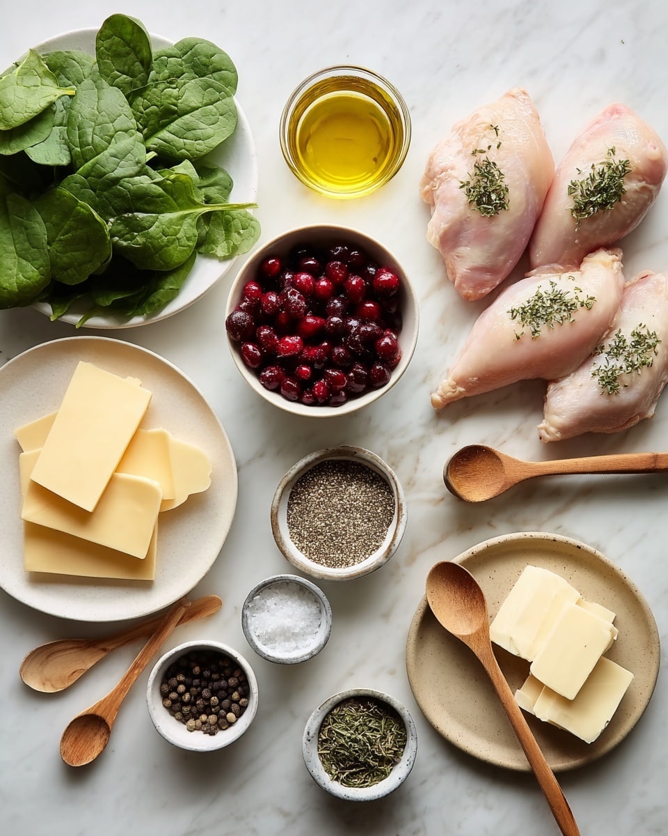 A white marbled surface holds an arrangement of cooking ingredients: on the left, a round beige plate with five pale yellow cheese slices stacked unevenly; above it, a small dark brown bowl filled with light brown seeds and a white oval bowl with bright red cranberries. Next, a small white fluted bowl contains green and black crushed pepper, and a round white plate holds fresh green spinach leaves. To the right, two whole raw pale pink chicken pieces are placed next to a small light gray bowl filled with cranberries, and below them are three raw chicken fillets sprinkled with green herbs. A small wooden spoon holds salt and ground black pepper, and a small clear glass jar with golden oil is at the top right. Two large wooden spoons lie on the right side. Photo taken with an iphone --ar 4:5 --v 7