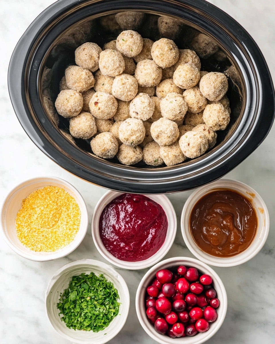 The image shows a black slow cooker filled with many small, round, light beige balls that have a rough, slightly powdery texture. In front of the slow cooker, six small white bowls are arranged in a semi-circle on a white marbled surface. The bowls hold different ingredients: the top left bowl contains a thick smooth deep red paste, the top middle bowl has a glossy brown sauce with some shine, and the top right bowl is filled with a chunky bright red sauce. Below these, the bottom left bowl has fine yellow crumbs, the bottom middle bowl contains finely chopped green herbs, and the bottom right bowl holds fresh, round, bright red cranberries, some with a frosty coating. photo taken with an iphone --ar 4:5 --v 7