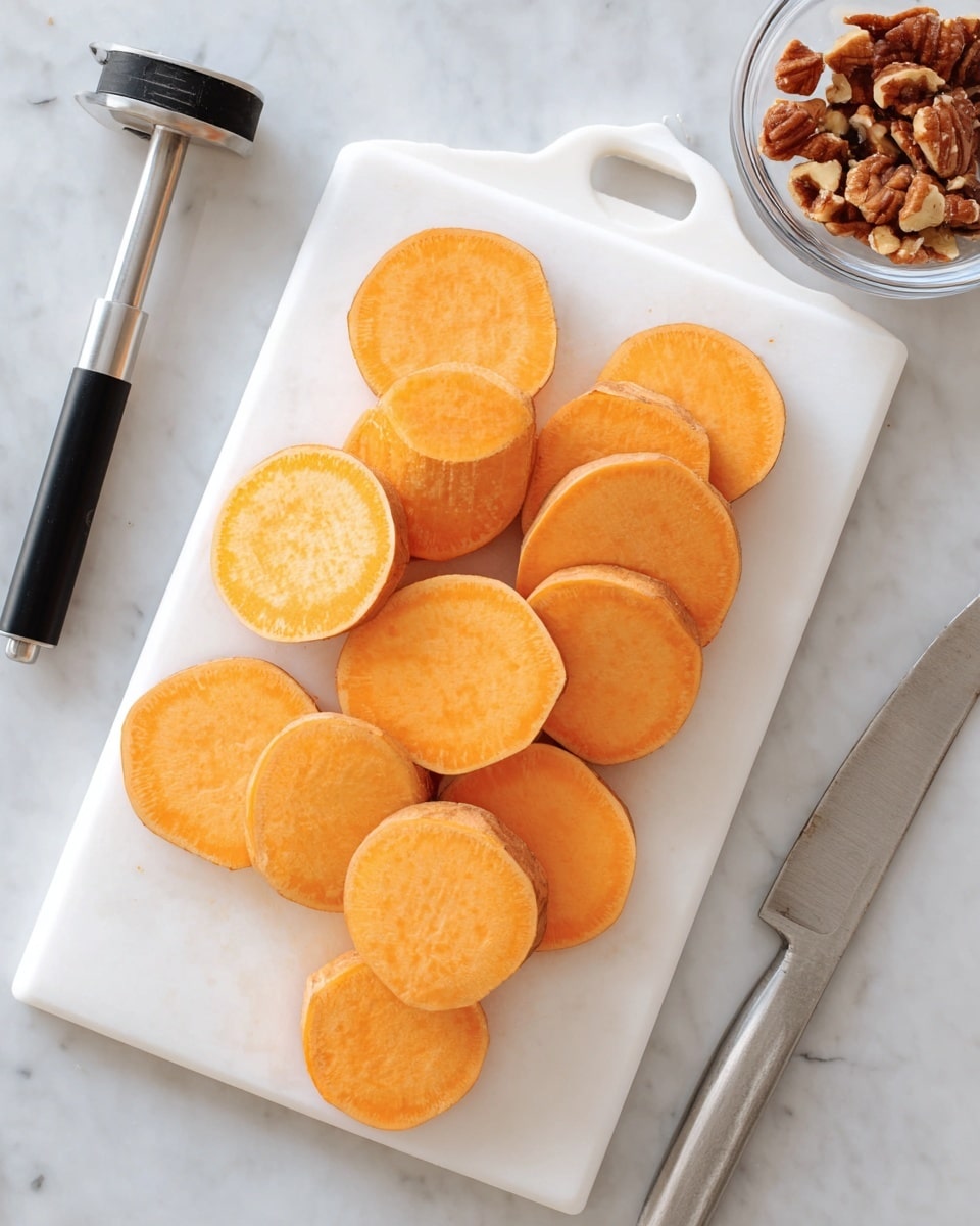 The image shows a white cutting board placed on a white marbled surface. On the board, there are twelve thick, round slices of bright orange sweet potato arranged in two vertical rows. To the left of the cutting board, there is a black and silver peeler, and to the right, a large silver knife lies flat on the board. In the top right corner, there is a small clear bowl filled with brown nuts. The overall scene is bright and clean with a simple kitchen preparation vibe. photo taken with an iphone --ar 4:5 --v 7