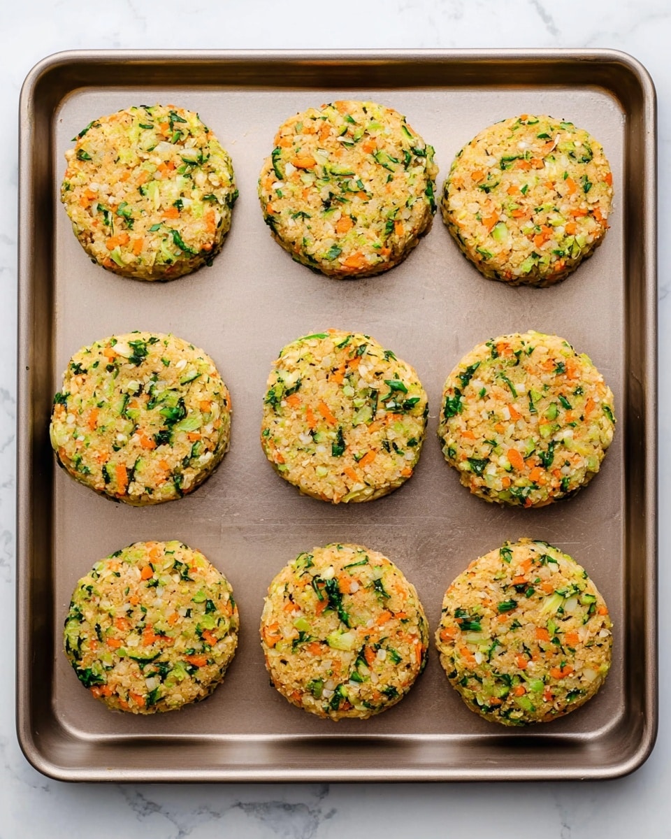 The image shows eight round vegetable patties arranged in two rows on a baking tray. Each patty has a rough texture and is composed of finely chopped ingredients with visible pieces of orange carrots, green herbs, and small white bits, giving a colorful and fresh look. The patties are light tan in color with green and orange specks evenly spread throughout. The baking tray is metallic and placed on a white marbled surface. The overall scene is bright and clean. Photo taken with an iphone --ar 4:5 --v 7