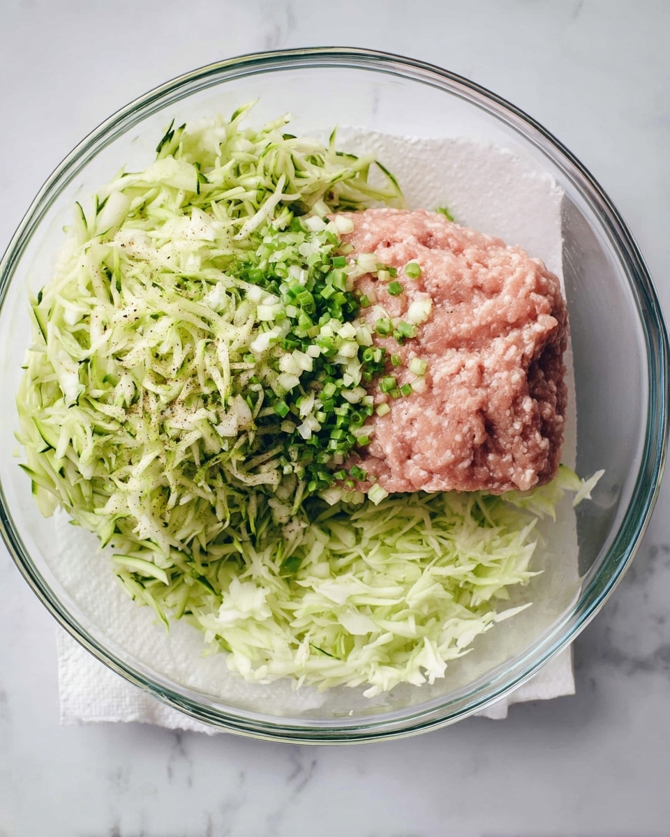 In a clear glass bowl on a white marbled surface, there is one large layer of light pink ground meat at the bottom. On top of the meat, there is a thick layer of finely chopped green onions and minced garlic, spreading mostly over the left side. To the right side, there is a large mound of shredded green zucchini with thin dark green peel bits, adding a fresh, textured look. Below the bowl, on the white marbled surface, there is a white paper towel with more shredded zucchini resting on it, showing some moisture. The photo taken with an iphone --ar 4:5 --v 7