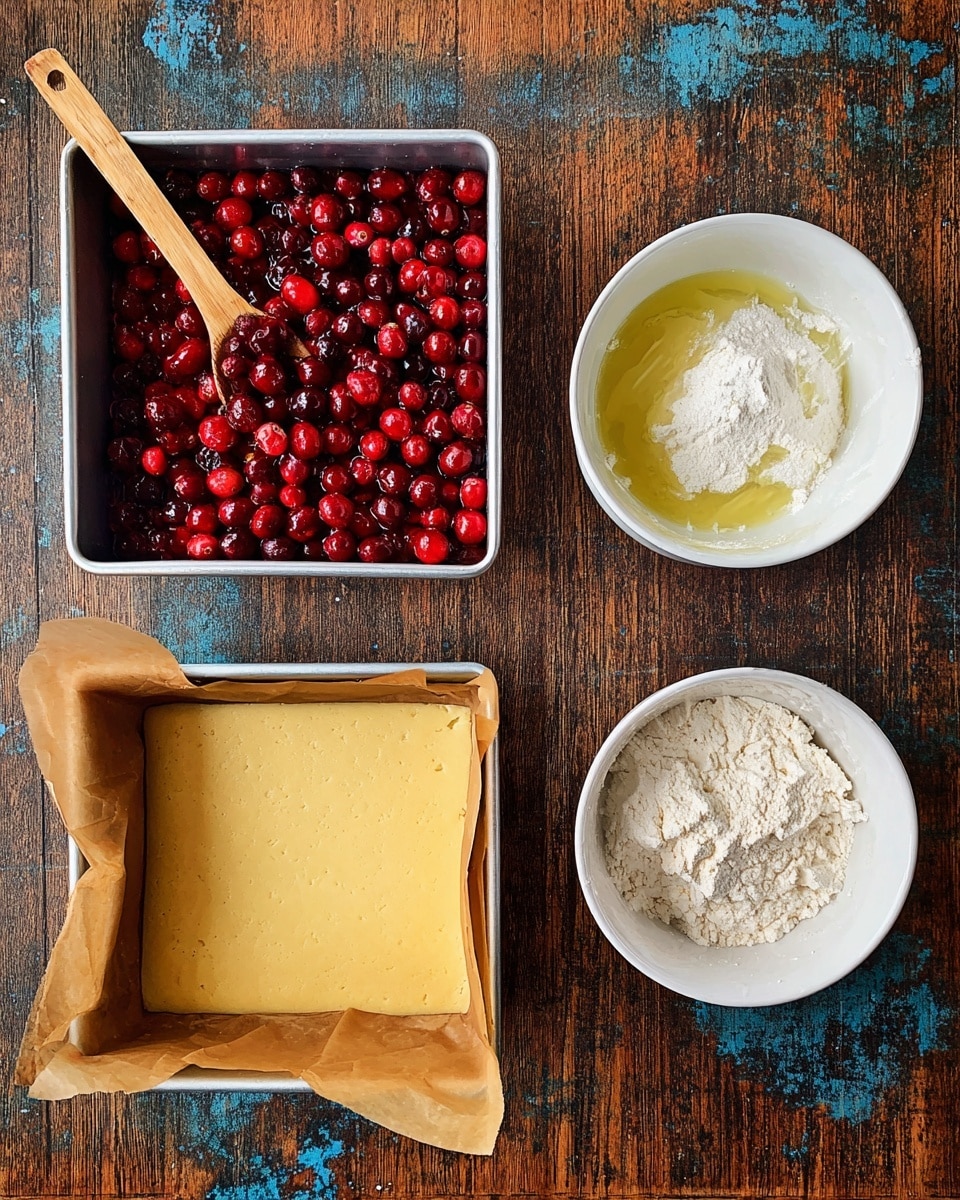 The image shows four square containers arranged in a 2x2 grid on a wooden table with a worn look. The top left container is a silver pan filled with shiny bright red cranberries, with a wooden spoon resting inside. The top right container is a white bowl with thick melted butter mixed with white flour powder inside. The bottom left container is a square baking pan lined with light brown parchment paper, filled with an even, pale yellow dough base. The bottom right container is another white bowl containing a white powder mixture with some clumps on top. All containers have smooth edges and are clean, the surface beneath is wood, dark brown with blueish black worn patches. photo taken with an iphone --ar 4:5 --v 7