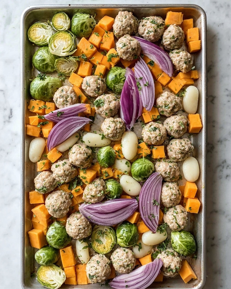 A large metal tray holds a colorful mix of food ready to cook. The base layer has bright orange cubes of sweet potato scattered all over, mixed with round green Brussels sprouts, some sliced in half showing their layered leaves. White gnocchi with soft texture are placed evenly throughout. Thin curved slices of purple-red onion are scattered on top, adding a splash of color. On the surface, clusters of raw meatballs lightly speckled with green herbs rest among the vegetables, all arranged with space between for even cooking. The background is a white marbled surface. photo taken with an iphone --ar 4:5 --v 7