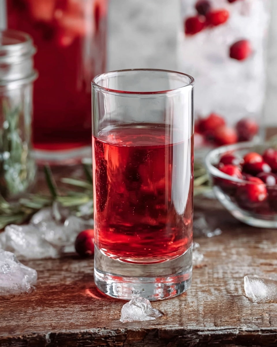 A tall clear glass with a thick base holds a small amount of bright red liquid at the bottom, about one-fourth full. The glass stands on a rough wooden surface with scattered pieces of crushed ice nearby. In the background, there is another tall clear glass filled with red liquid, ice, and floating red berries, along with a small glass bowl of fresh red berries on the right side. Some green herbs in a small glass jar can be seen blurred on the left side, all set against a white marbled texture. photo taken with an iphone --ar 4:5 --v 7
