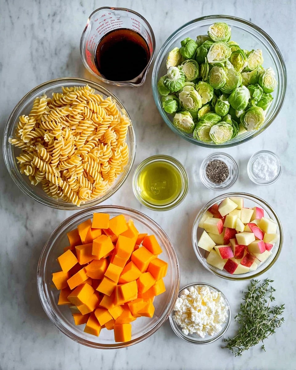 The image shows several clear glass bowls and a measuring cup arranged on a white marbled surface. The largest bowl in the center bottom holds bright orange cubed butternut squash. To its left, a large bowl contains uncooked yellow spiral pasta. Above the squash, another large bowl is filled with chopped green Brussels sprouts. To the right of the Brussels sprouts, a smaller bowl has diced pieces of red and yellow apple. Near the apple bowl, a small bowl contains a light greenish liquid, likely olive oil. Below the pasta bowl, a smaller bowl holds white crumbled cheese. Near the center are sprigs of fresh green herbs and a small glass container with white salt and black pepper. A glass measuring cup at the top left holds a dark brown liquid sauce. photo taken with an iphone --ar 4:5 --v 7