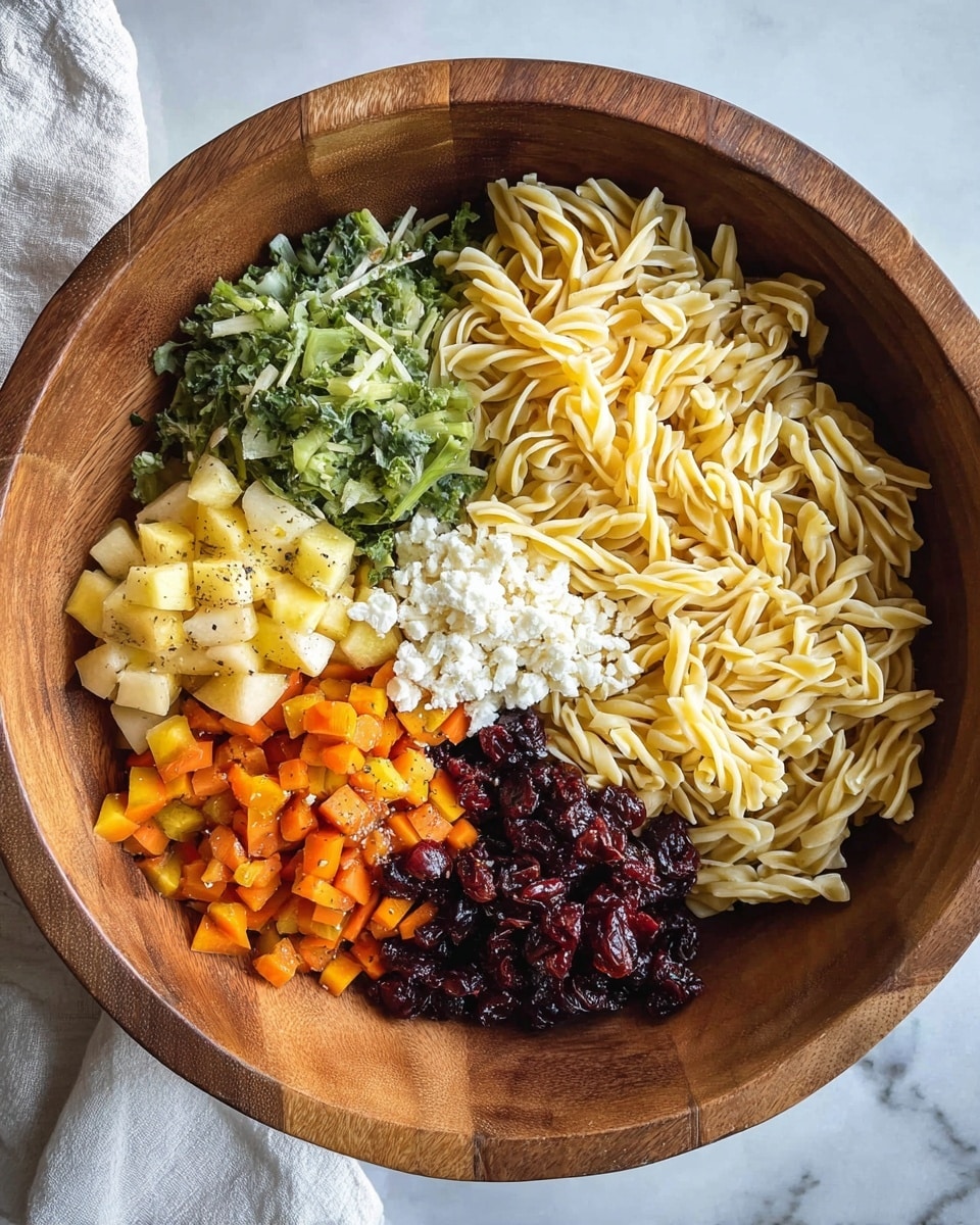 A large wooden bowl holds six distinct layers of ingredients not mixed yet, placed in separate sections. Starting at the top right, there is a pile of light yellow twisted pasta with a smooth texture; next to it at the bottom right are dark red dried berries with a slightly wrinkled surface. Below them, finely shredded green leafy veggies with a wet, glossy look are placed. At the bottom left, there are diced bright orange carrots with black seasoning speckles. Above the carrots, small pieces of pale yellow fruit with soft skin are scattered. In the center, a small mound of white crumbled cheese adds a soft and crumbly texture. The bowl sits on a white marbled surface, and a bit of a white linen cloth is seen in the background. Photo taken with an iphone --ar 4:5 --v 7