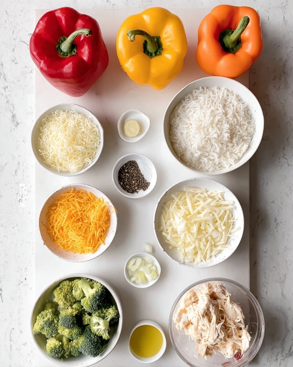 The image shows several ingredients arranged on a white marbled surface. In the top left corner, there are two red bell peppers, one orange bell pepper, and one yellow bell pepper grouped together. Moving right, there is a small white bowl with shredded mozzarella cheese and a larger white bowl filled with cooked white rice beside it. Below the cheese bowl is a smaller white bowl with black pepper seasoning. Below the peppers, there is a white bowl with shredded cheddar cheese and next to it a small white bowl of yellow liquid, likely oil. At the bottom left is a white bowl with chopped broccoli, beside it a small white bowl with minced garlic, and below that, a small white bowl with chopped onions. On the bottom right, there is a transparent measuring cup filled with shredded chicken. Photo taken with an iphone --ar 4:5 --v 7