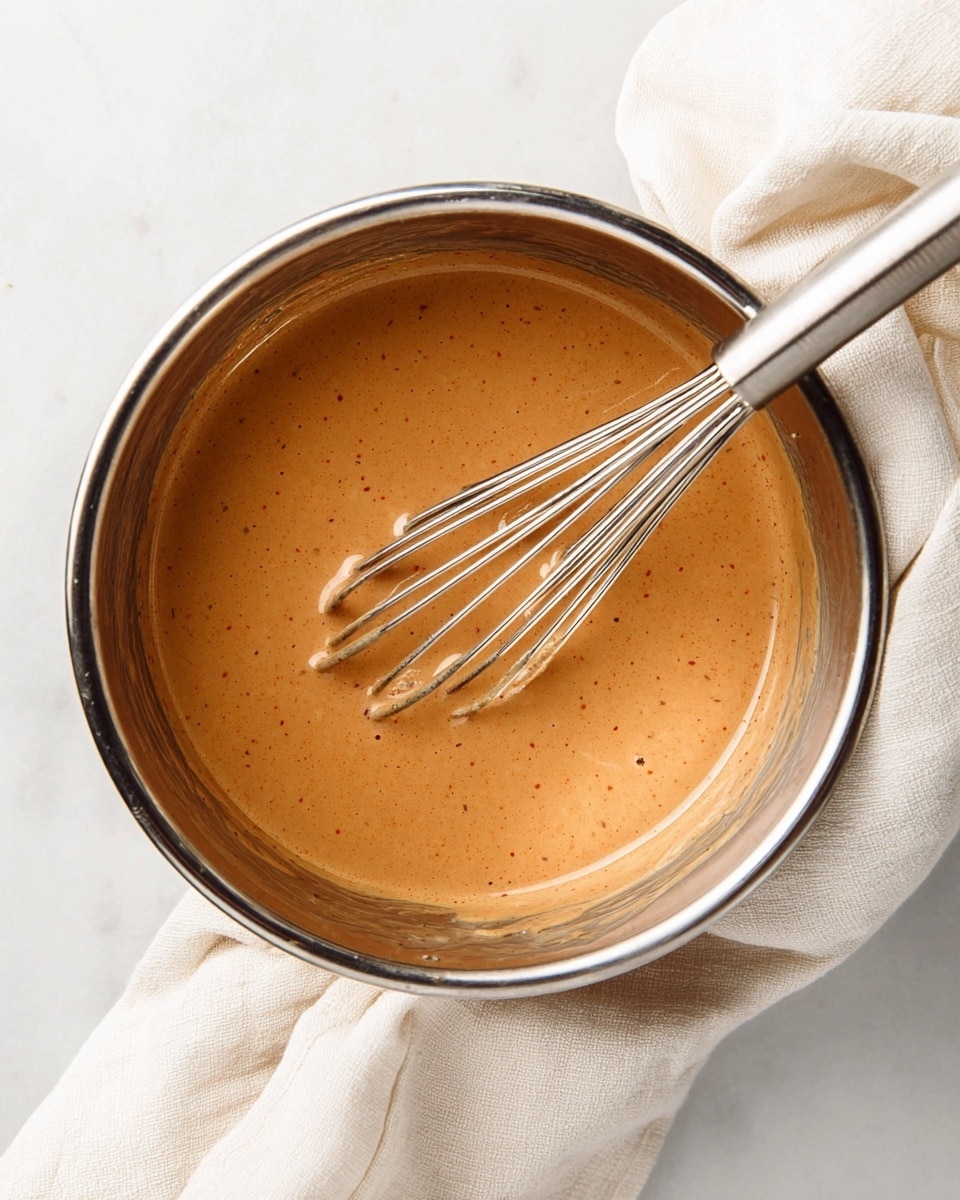 A top view of a shiny metal bowl filled with smooth, thick, light brown sauce, with tiny darker specks spread evenly throughout. Inside the bowl, a metal whisk rests, partially covered in the sauce. A soft, off-white cloth is draped around the top right edge of the bowl. The background surface is a white marbled texture. photo taken with an iphone --ar 4:5 --v 7