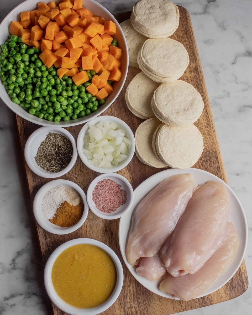 The image shows ingredients arranged on a wooden board with a white marbled surface below. A large white bowl holds a mix of bright green peas and orange carrot cubes. Two small white bowls show different spices; one with light beige and dark brown powders, and the other with pink and black powders. Another white bowl contains small white onion cubes. A smaller white bowl has a smooth yellow sauce. On a white plate, there are three raw chicken breasts, pale pink in color. Next to the ingredients are two stacks of white biscuit rounds. photo taken with an iphone --ar 4:5 --v 7