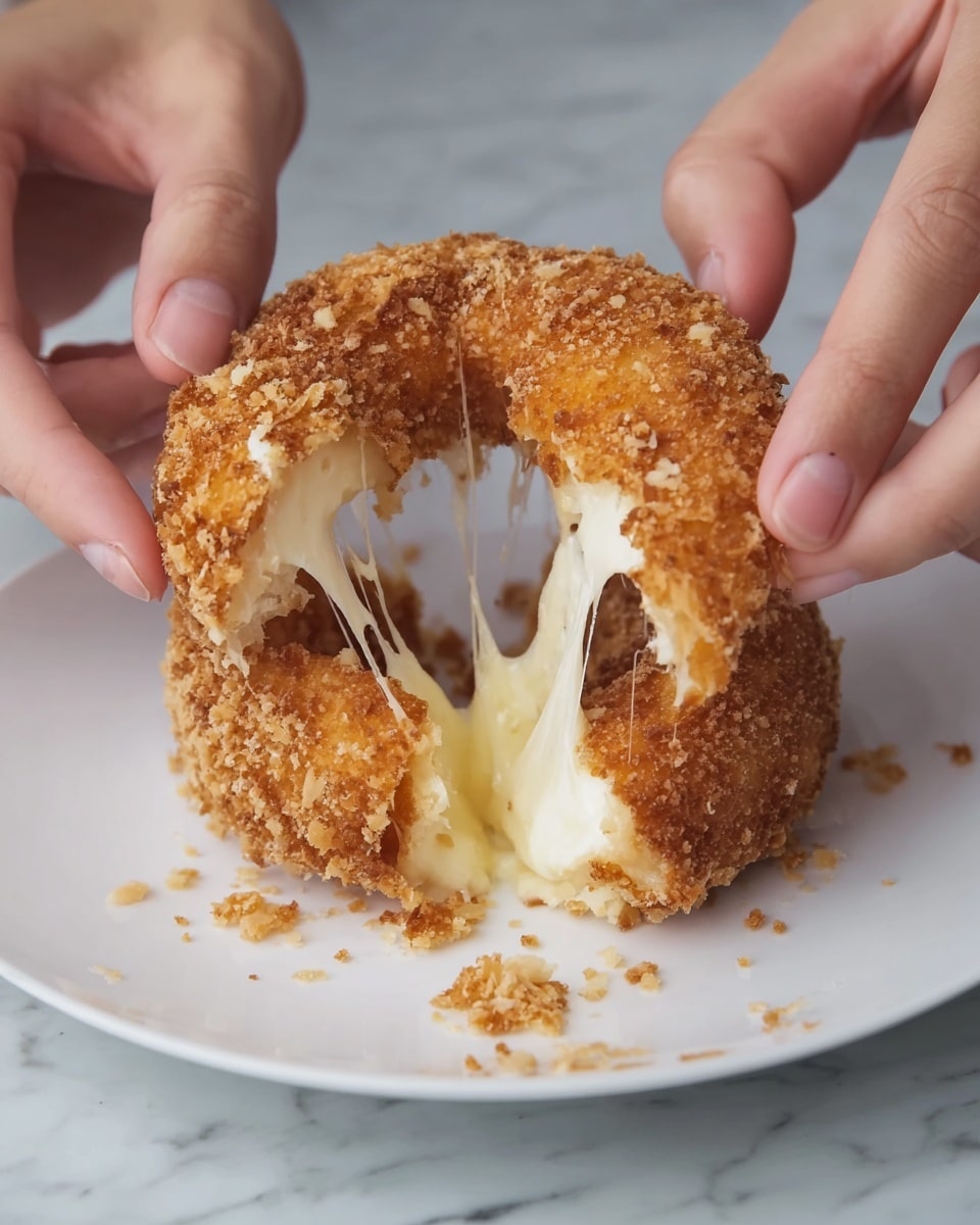 A golden brown, crispy fried ring-shaped food item is being pulled apart by two woman’s hands, revealing melted, creamy white cheese stretching from the inside. The outer layer is coarse and fried, with a crunchy texture and some crumbs fallen on the plain white plate below. The background shows a white marbled texture. Photo taken with an iphone --ar 4:5 --v 7
