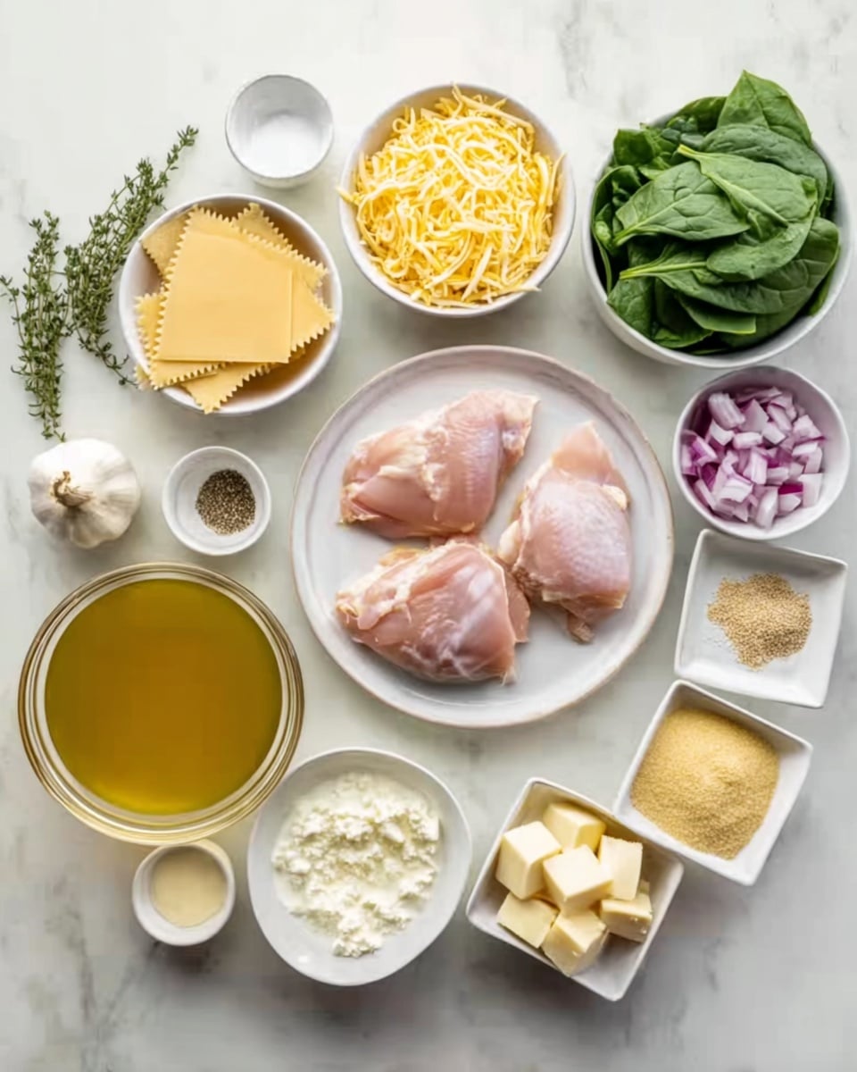 The image shows a top view of many cooking ingredients arranged neatly on a white marbled surface. In the middle, there is one white plate with three raw chicken pieces with a pinkish color. Surrounding the plate, there are small white bowls containing yellow cheese shreds, fresh green spinach leaves, cubed red onions, pale yellow lasagna sheets, a golden-yellow liquid broth in a clear glass bowl, and white small bowls with cream, diced white cheese, and flour. Scattered around these are small square dishes with chopped garlic cloves, olive oil (light green), salt, pepper, butter, and dry cornmeal, along with a small green herb sprig to the left side. The scene is bright and clean with all items clearly visible, photo taken with an iphone --ar 4:5 --v 7