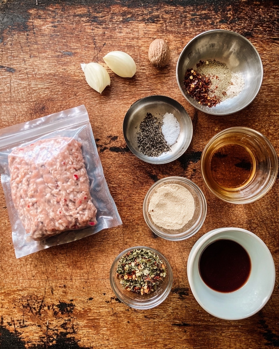 On a worn wooden surface, there is a vacuum-sealed package of ground meat on the left, pale pink in color with tiny red and white specks. Surrounding it are six small containers with different ingredients: a metal bowl with mixed black, white, and red coarse spices, a small glass bowl with light beige powder, another small glass bowl with a green and red herb mix, a metal bowl holding a dark amber liquid, and a white bowl filled with a thick, deep purple sauce. Near the top left, five peeled garlic cloves and a whole nutmeg rest on the surface. The setting is simple and rustic with the ingredients laid out for preparation. photo taken with an iphone --ar 4:5 --v 7