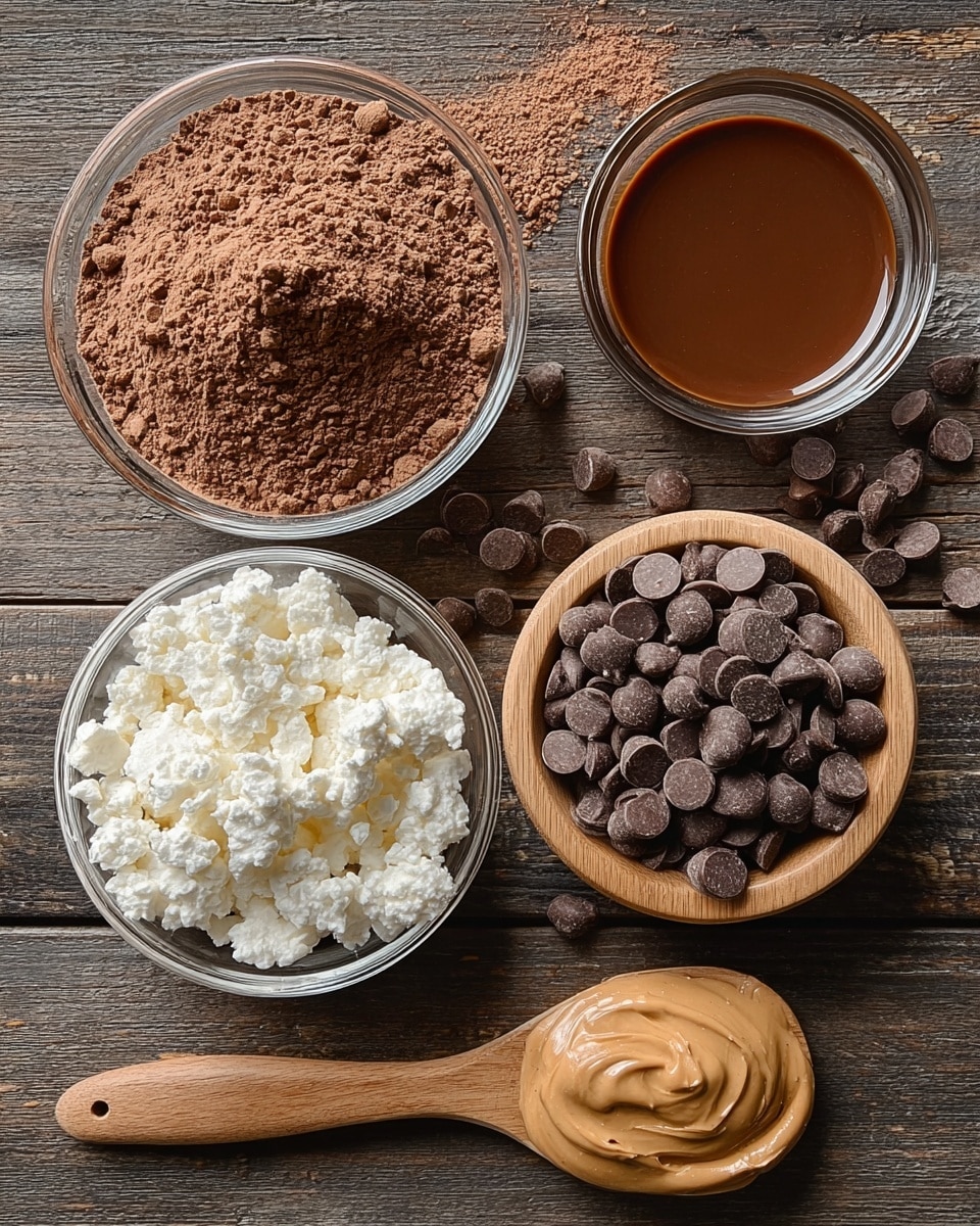 The image shows five main items arranged on a wooden surface: a large clear glass bowl filled with brown cocoa powder in the top left, which has some powder spilled beside it; a medium clear glass bowl with glossy brown liquid to the right of the cocoa powder; a smaller clear glass bowl below the liquid bowl filled with dark chocolate chips, with some chips spilled on the surface; a wooden bowl filled with white cottage cheese in the lower left corner; and a wooden spoon resting horizontally on the right side of the image, holding a dollop of light brown peanut butter. photo taken with an iphone --ar 4:5 --v 7