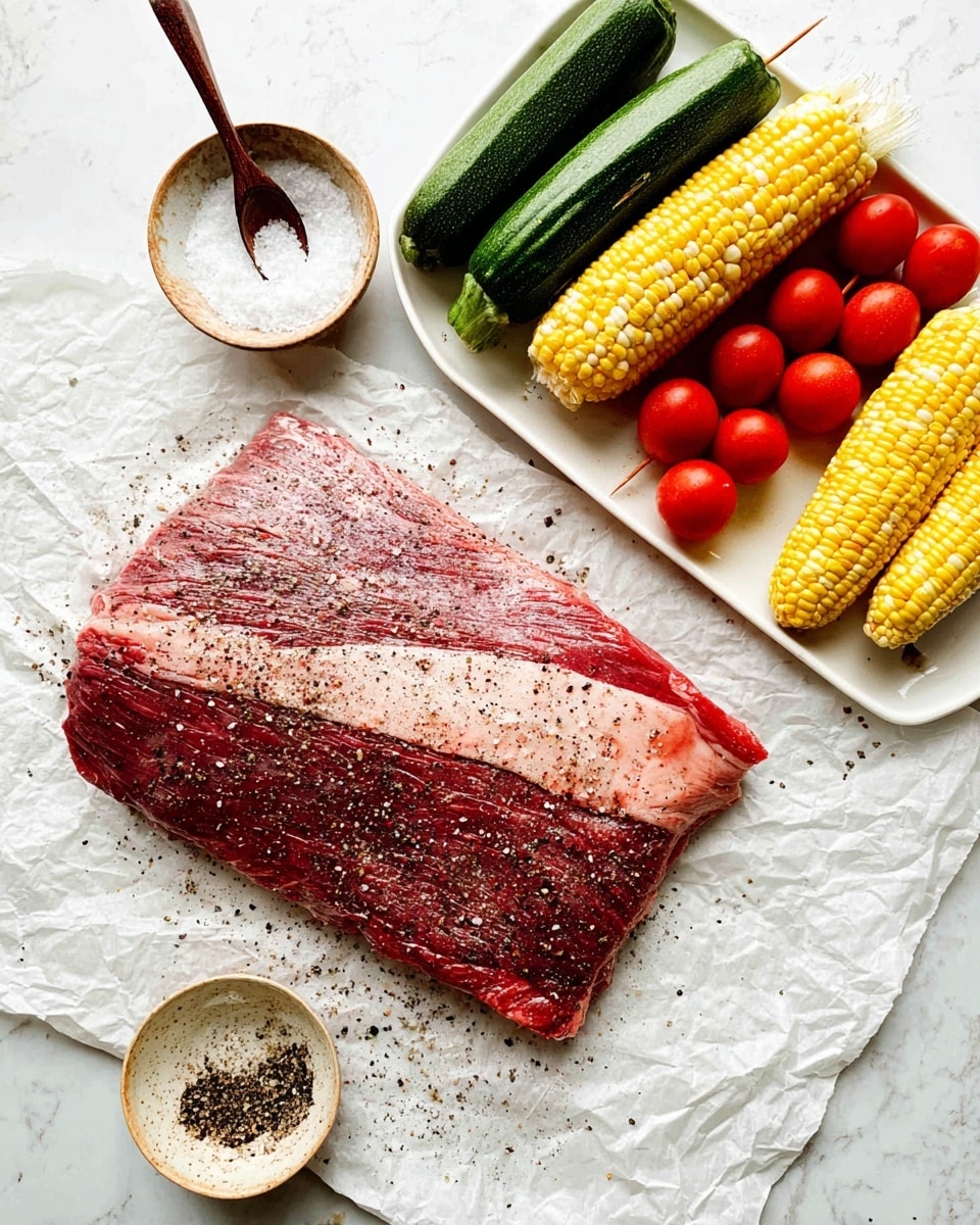 A large raw beef piece lies flat on crumpled white paper, covered with coarse black pepper and salt, showing deep red and pale fat marbled textures. To the upper right, a white rectangular tray holds fresh vegetables: long green zucchini sticks sprinkled with pepper, three skewers of shiny, bright red cherry tomatoes, and two ears of yellow and white corn sprinkled lightly with pepper. Next to the beef, a small round beige bowl filled with white salt and a dark wooden spoon inside is placed on the white marbled surface, with a small plate of black pepper beside it. The photo taken with an iphone --ar 4:5 --v 7