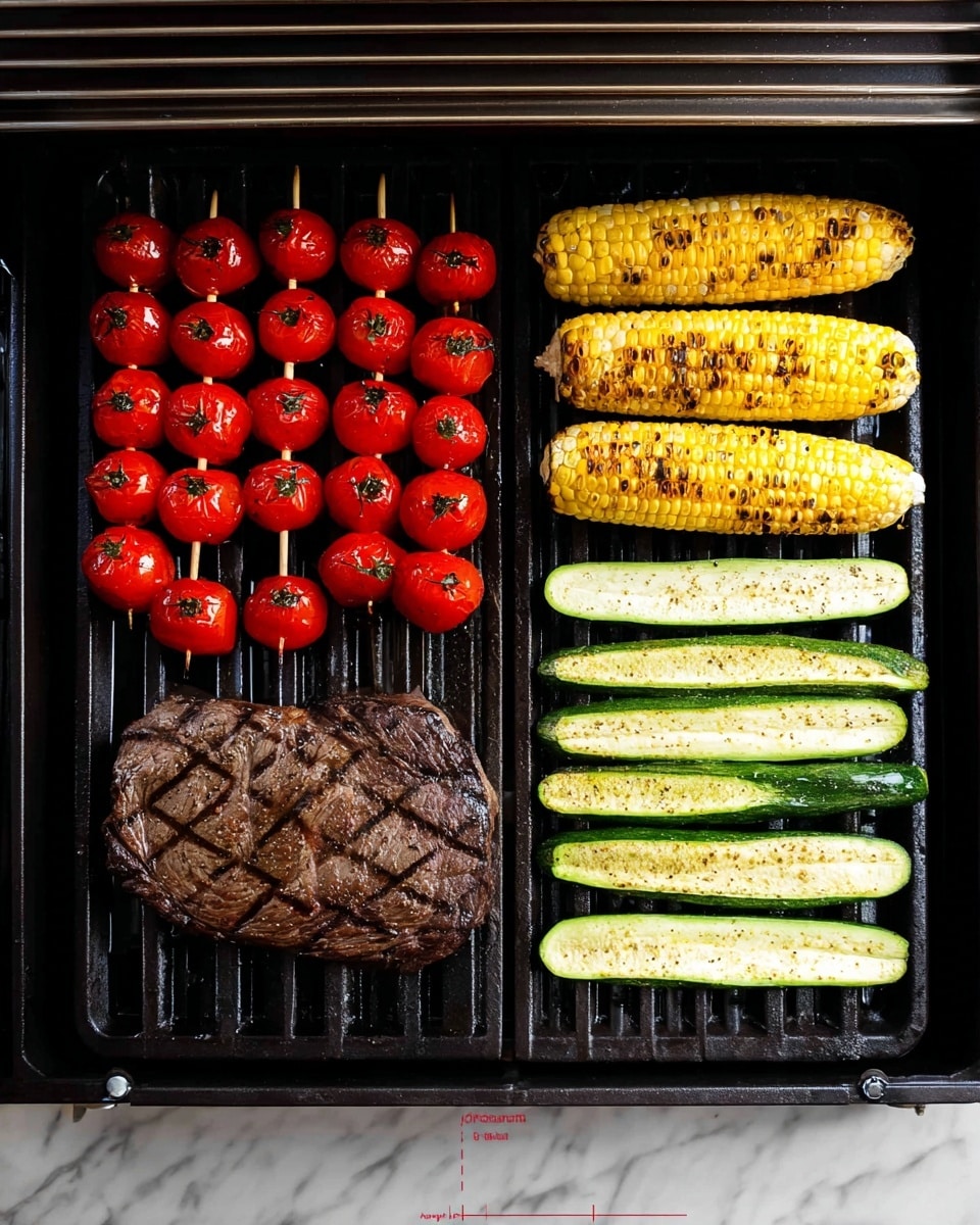 A grill with five food layers; the bottom left has a large, thick piece of dark brown steak with clear grill marks. Above the steak, four skewers with shiny, red cherry tomatoes are lined up, each tomato slightly charred. On the right side, two golden yellow corn ears with dark grill spots sit at the top. Below the corn, there are six strips of green zucchini, grilled with visible dark lines and a slightly soft texture. The grill is shown on a white marbled texture surface. photo taken with an iphone --ar 4:5 --v 7