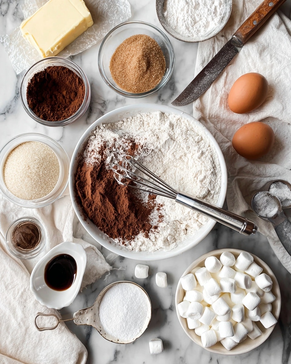 The image shows baking ingredients arranged on a white marbled surface. In the center, there is a large white bowl with layers of white flour and brown cocoa powder side by side, with a metal whisk inside. Surrounding it, there is a white bowl filled with small white marshmallows on the right, and next to it, two brown eggs. A small white dish with dark brown vanilla extract sits below the marshmallows. Above the center bowl, there is a small bowl of light brown sugar and a knife with a wooden handle resting on a white cloth. On the left side, there is a glass bowl with dark brown cocoa powder, a metal measuring cup with white sugar, a small bowl of salt, and another small bowl of baking powder or soda near the bottom. Also, a stick of pale yellow butter is placed on parchment paper at the top left. Some small white marshmallows are scattered near the eggs. Photo taken with an iphone --ar 4:5 --v 7