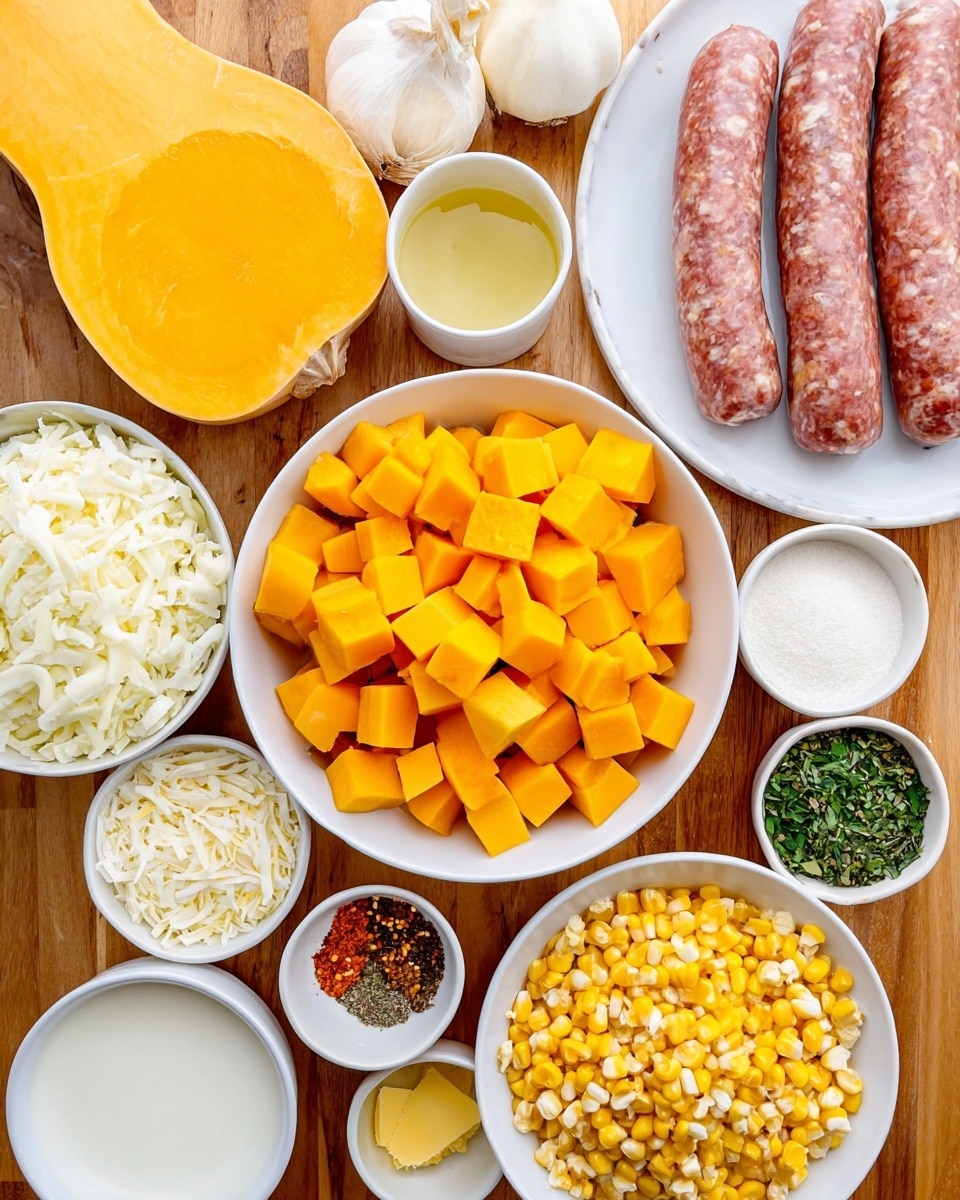 The image shows several white bowls arranged neatly on a wooden surface with a white marbled texture background. The largest bowl near the center is filled with bright orange butternut squash cubes, with a smaller bowl of similar but smaller cubes to the left. Above these bowls, there is a whole butternut squash, and to the right, a white plate holds three raw sausages with a reddish-brown marbled texture. Around these main items, smaller white bowls contain finely chopped white onions, shredded pale yellow cheese, whole yellow corn kernels, a small pat of butter, light golden olive oil, minced garlic, red pepper flakes, chopped green herbs, black pepper, white flour, and a pale liquid, possibly cream or milk. The image is bright and clean, focusing on the fresh ingredients with natural textures and colors, photo taken with an iphone --ar 4:5 --v 7