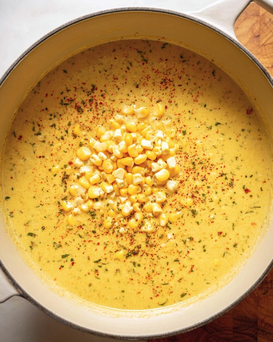 A creamy yellow soup is shown inside a white pot with a hint of herbs and spices mixed throughout, giving the soup a dotted texture with green and red specks. In the center, there is a pile of bright yellow and white corn kernels sitting on top of the soup, creating a noticeable middle layer with a slightly glossy texture. The pot sits on a white marbled surface with a wooden pattern partially visible around the edges. photo taken with an iphone --ar 4:5 --v 7