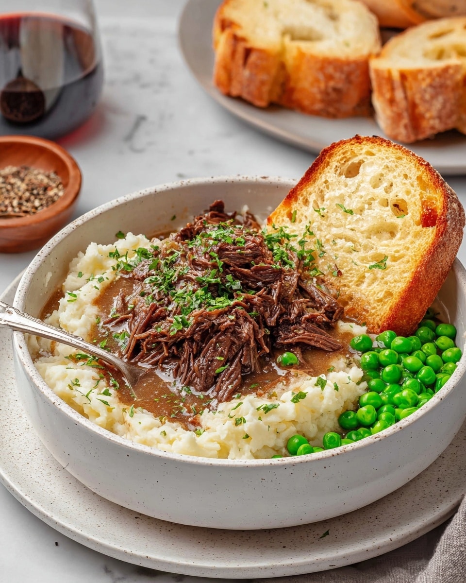 A black cast-iron skillet sits on a round brown woven mat over a white marbled surface. Inside, there is a rich, dark brown beef stew base with visible chunks of beef mixed in a thick sauce. On top, there is a layer of melted cheese melted to a creamy white with golden spots and slightly bubbling texture. The stew is sprinkled with small, fresh green herb pieces scattered evenly across the cheese. Around the skillet edge, three thick slices of toasted bread with a crunchy golden-brown crust lean against the stew. Next to the skillet are wooden spoons, a gray cloth, and small bowls of dried herbs and garlic cloves. Photo taken with an iphone --ar 4:5 --v 7