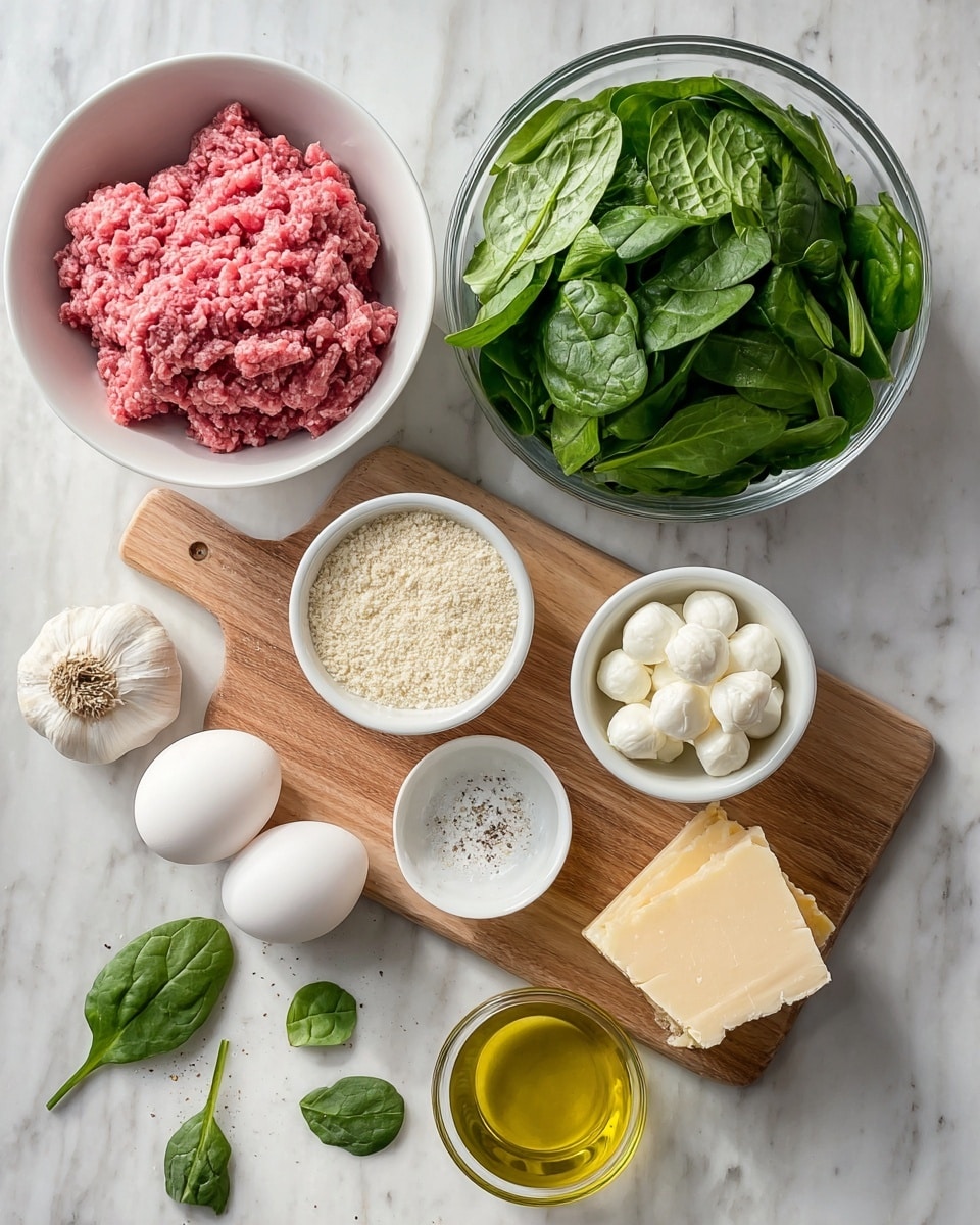 The image shows fresh cooking ingredients arranged on a white marbled surface. There is a large white bowl filled with pink ground meat at the top left, next to a clear glass bowl packed with bright green spinach leaves on the right. Below the bowls, a wooden board holds three small white bowls: one with light beige breadcrumbs, one with small white mozzarella balls, and one with coarse salt. To the right of the board, a single white egg lies beside a whole garlic bulb with some seasoning on top. There are three small cubes of white cheese near the egg. A small clear bowl with golden olive oil sits at the bottom right next to a chunk of pale yellow cheese. Some green herb leaves are scattered around on the white marbled surface. photo taken with an iphone --ar 4:5 --v 7