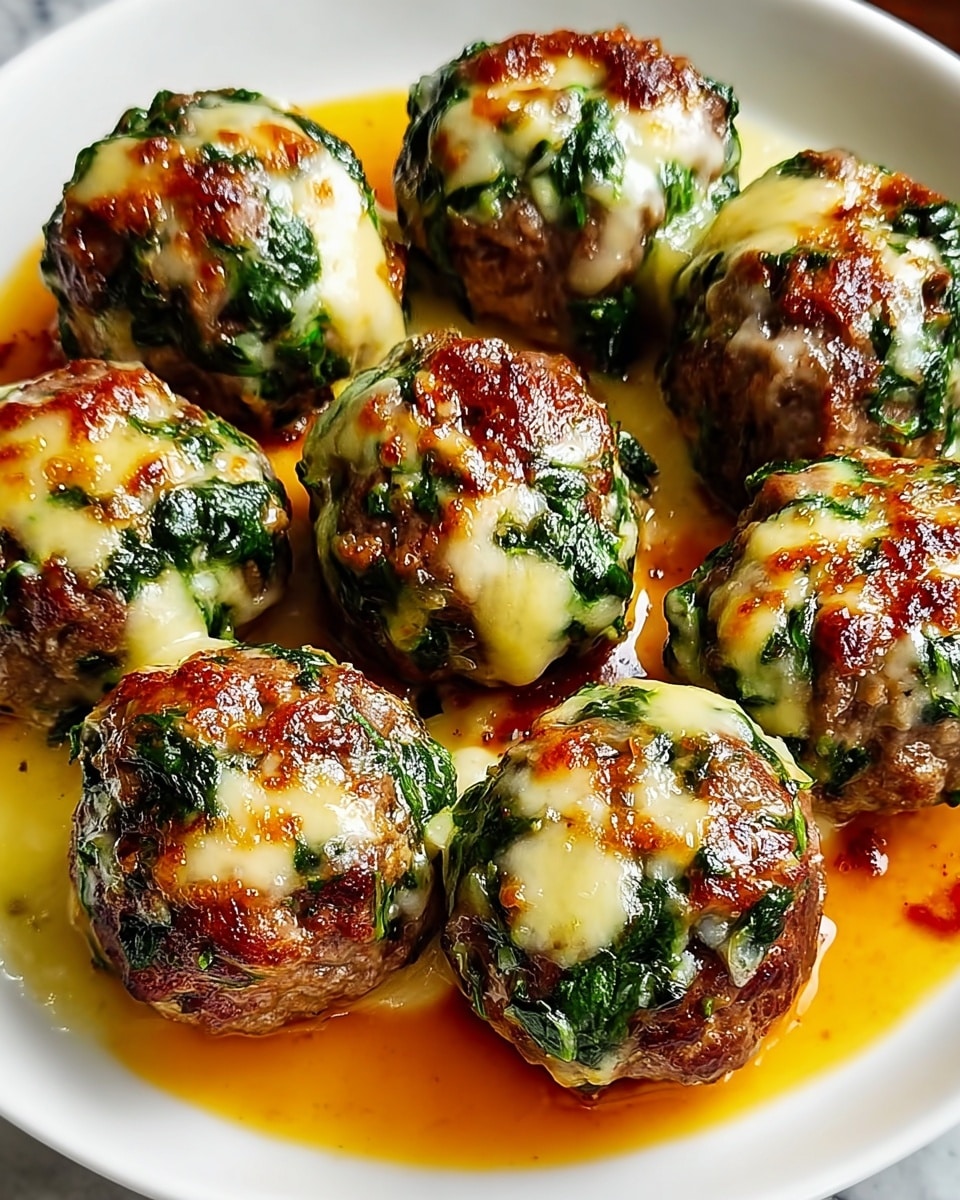 The image shows a white plate filled with round meatballs that have bright green spinach mixed inside and melted golden cheese on top. Each meatball is browned on the outside with a slightly crispy texture under the melted cheese and spinach layer. The plate has a shallow layer of orange sauce at the bottom, giving a shiny, wet look around the meatballs. The meatballs are arranged close together, filling the whole plate, sitting on a white marbled surface. Photo taken with an iphone --ar 4:5 --v 7