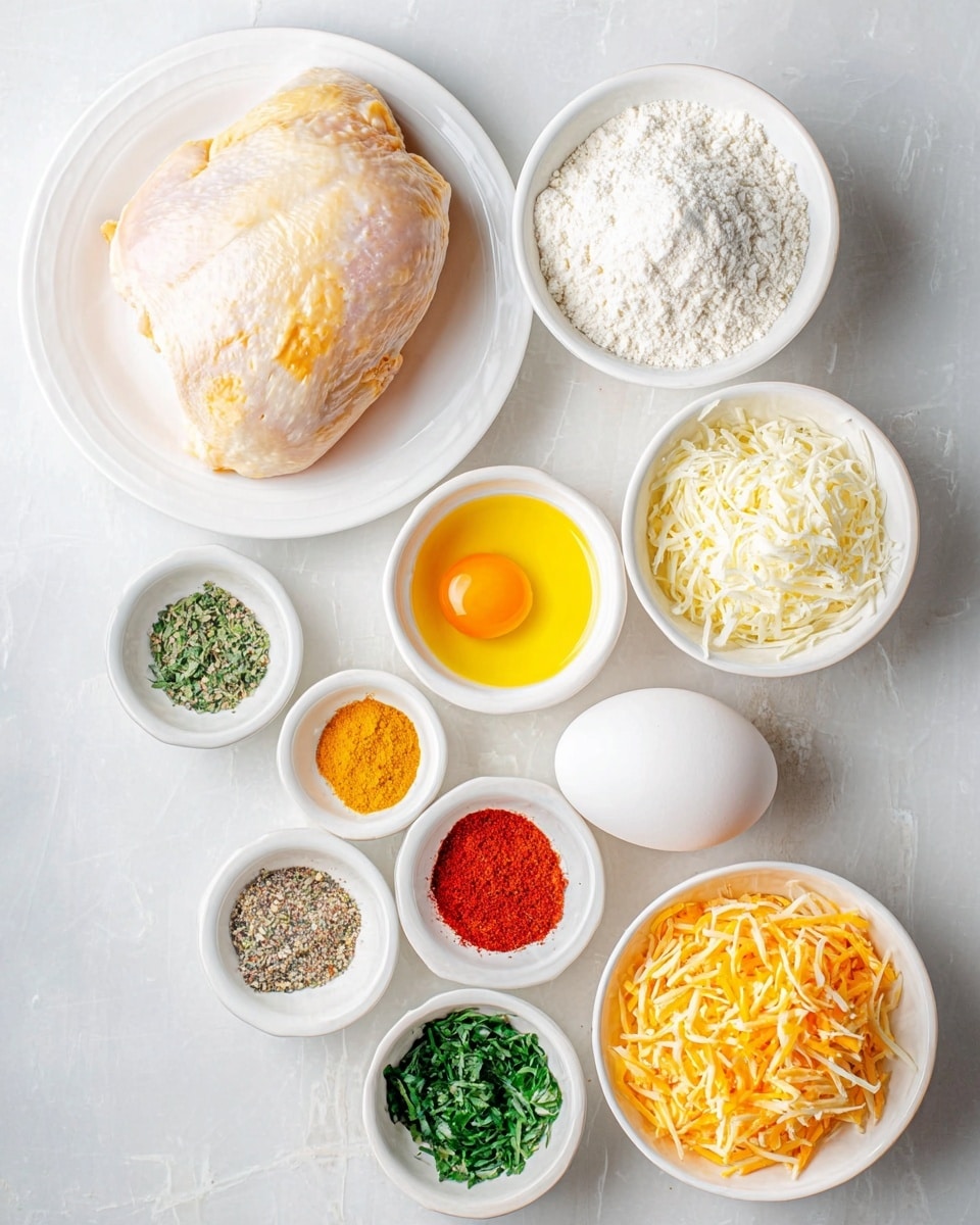 The image shows a flat lay of ingredients on a white marbled surface. A large piece of raw chicken with a pale beige and slightly frosty color sits on a white plate in the top left corner. Next to it, on the right, are several small white bowls holding various ingredients: one with white flour, one with yellow oil, another with shredded white cheese, and one with shredded orange cheese near the bottom right. There's a whole white egg centered in the image, surrounded by small white bowls containing chopped green herbs, red paprika powder, black pepper, salt, and other yellow spices. The arrangement is neat and bright with soft natural light. Photo taken with an iphone --ar 4:5 --v 7