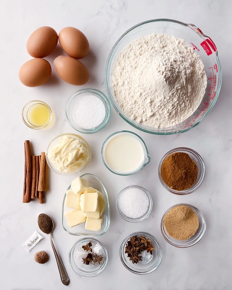The image shows various baking ingredients laid out on a white marbled surface. There are four brown eggs positioned near the center, with a clear measuring cup filled with milk above them. To the right, a large clear bowl holds a pile of white flour. Surrounding these main items are smaller clear bowls and containers with different ingredients: white sugar, light brown sugar, softened yellow butter, and a dark liquid vanilla extract. Two cinnamon sticks and two whole nutmegs sit near the bottom left side, with a spoonful of loose tea leaves and two tea bags below them. Small bowls with baking powder, salt, and mixed brown spices are also visible, all arranged neatly in a flat lay style. Photo taken with an iphone --ar 4:5 --v 7