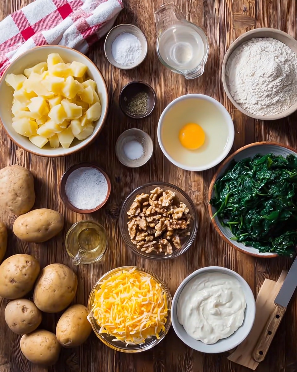 The image shows many bowls and ingredients arranged neatly on a wooden surface. On the top left is a bowl filled with pale yellow potato cubes. To the right of it is a bowl with white flour and nearby smaller containers with spices, salt, and clear liquid. Below the flour is a bowl with a single raw egg yolk in light yellow liquid. A small bowl next to it holds chopped mushrooms and walnuts, both brownish in color. In the middle bottom is a clear bowl filled with bright yellow shredded cheese, next to a white bowl with thick white cream. On the far right is a white bowl filled with dark green cooked spinach, and there are four whole light brown potatoes on the table near a knife. A white towel with red checkered patterns lies in the upper left corner. photo taken with an iphone --ar 4:5 --v 7