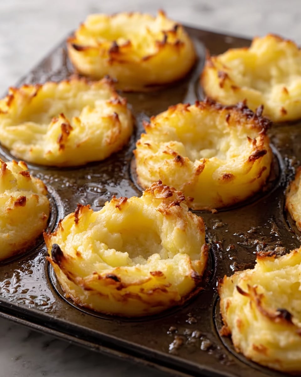 The image shows six golden brown nests of mashed potatoes baked in a dark metal muffin tray with lightly crisped edges and soft, fluffy centers that have been hollowed out. The crust on the tops is textured with lightly toasted peaks, giving a rough, crunchy appearance, while the inside remains creamy and smooth. The metal muffin pan has a slightly worn look with glistening spots of oil around the nests. The background is a white marbled texture. photo taken with an iphone --ar 4:5 --v 7