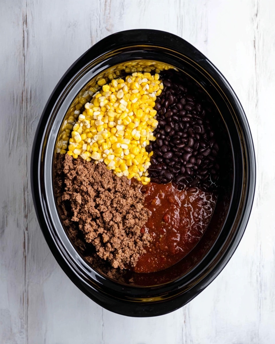 A black slow cooker filled with four distinct sections of ingredients, positioned without mixing. The top left section has bright yellow and white corn kernels with a chunky texture. The top right section contains shiny black beans, smooth but slightly textured. The bottom right section has a dark reddish-brown sauce that looks thick and rich. The bottom left section holds brown cooked ground meat with a crumbly texture. The slow cooker is placed on a white marbled surface. photo taken with an iphone --ar 4:5 --v 7