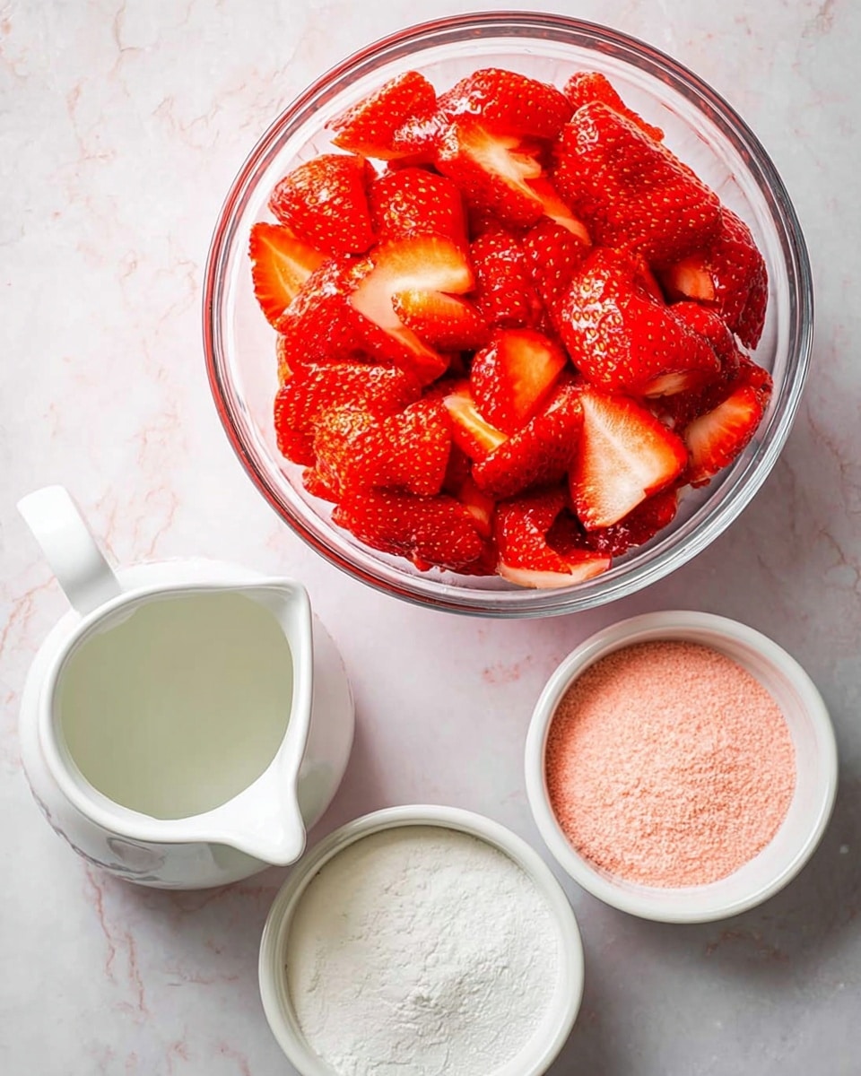 A clear glass bowl is filled with bright red sliced strawberries with visible seeds and white inside layers, sitting at the top center of the image. Below it are four small white bowls on a white marbled surface: the top left contains fine white sugar, the top right a white pitcher filled with a clear liquid, the bottom left a bowl of white powder, and the bottom right a bowl with fine pink powder. The arrangement is neat and the colors are vibrant, all placed on a white marbled textured background. photo taken with an iphone --ar 4:5 --v 7