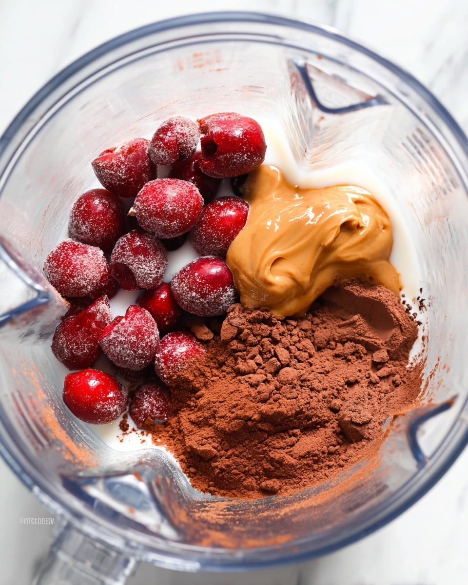 Inside a clear blender on a white marbled surface, there are several ingredients arranged without mixing. One layer shows bright red frozen cherries grouped mostly on one side, with their icy texture visible. Another layer is a smooth dollop of light brown peanut butter placed next to the cherries. A pile of dark brown cocoa powder sits close to the peanut butter, its fine and slightly chunky texture spread out. White milk partially surrounds all these ingredients, filling the bottom of the blender. Photo taken with an iphone --ar 4:5 --v 7