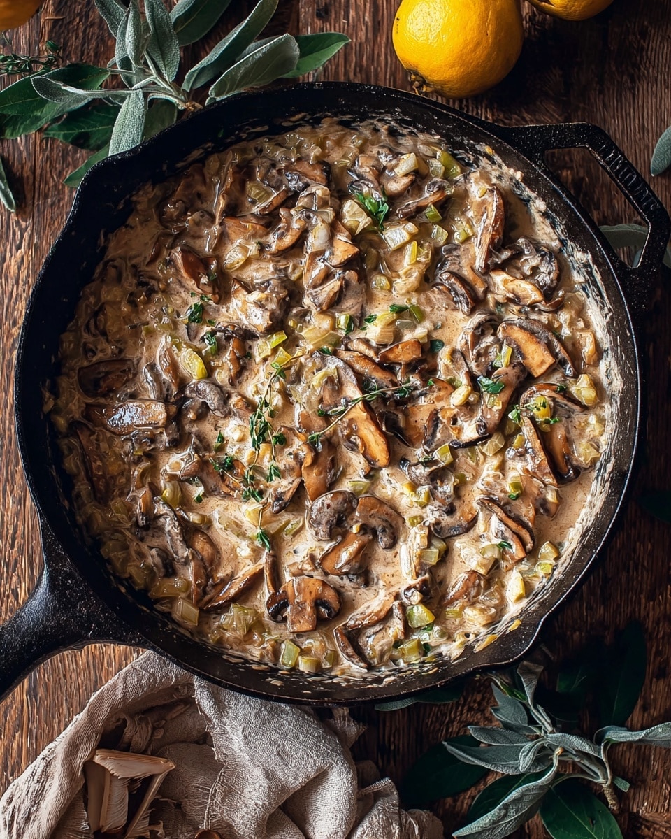 A black cast iron pan filled with a creamy mushroom sauce, showing many pieces of cooked brown mushrooms layered throughout the sauce mixed with finely chopped light green and white vegetables, set on a wooden surface with some green leaves and a yellow fruit nearby, photo taken with an iphone --ar 4:5 --v 7