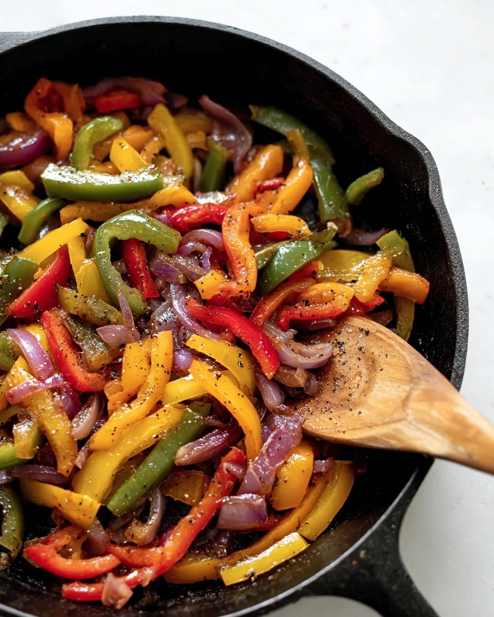 The image shows a close-up of a black cast iron pan filled with cooked sliced vegetables including red, yellow, and green bell peppers mixed with pieces of cooked red onion. The vegetables are shiny and slightly browned, giving a juicy and soft texture with a bit of crispness. A wooden spoon is partially visible on the right side, resting on the vegetables, with small black specks of seasoning scattered throughout. The pan sits on a white marbled surface, giving a clean and fresh look. photo taken with an iphone --ar 4:5 --v 7