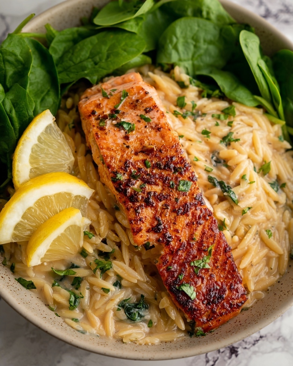A piece of cooked salmon with a reddish-orange crispy skin lies on the right side of a white plate filled with creamy orzo pasta mixed with a light cream-colored sauce and small green herb bits scattered on top. Two slices of lemon rest at the back of the pasta on the left side, partially surrounded by fresh green spinach leaves. The dish is presented on a white marbled surface. Photo taken with an iphone --ar 4:5 --v 7