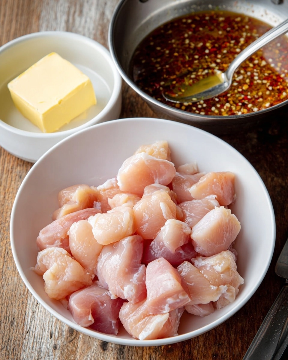 A white bowl is filled with chunks of raw chicken, pale pink with a slightly glossy texture, showing varying sizes and a few small bits of white fat. Behind it, there is a metal bowl containing a reddish-brown sauce with floating chili flakes and a spoon resting inside. Next to the metal bowl, there is a small white bowl with a thick square piece of pale yellow butter. The items are placed on a rough wooden surface. photo taken with an iphone --ar 4:5 --v 7