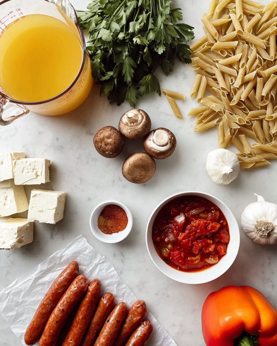 The image shows several cooking ingredients placed on a white marbled surface. There is a glass measuring cup filled with yellow broth at the top left, next to a bunch of fresh green parsley. To the top right, a pile of raw pasta is scattered, light beige in color. Below the broth, there are five small brown mushrooms. Near the center, a small white bowl holds a reddish spice, and below it, another white bowl contains chunky red tomatoes in sauce. To the right of the bowls, four reddish-brown sausages rest on white parchment paper. In the bottom left corner, there are white cubes of cheese on foil, and at the bottom right, a whole bright red bell pepper sits beside an orange bell pepper, with a small head of garlic nearby. Photo taken with an iphone --ar 4:5 --v 7
