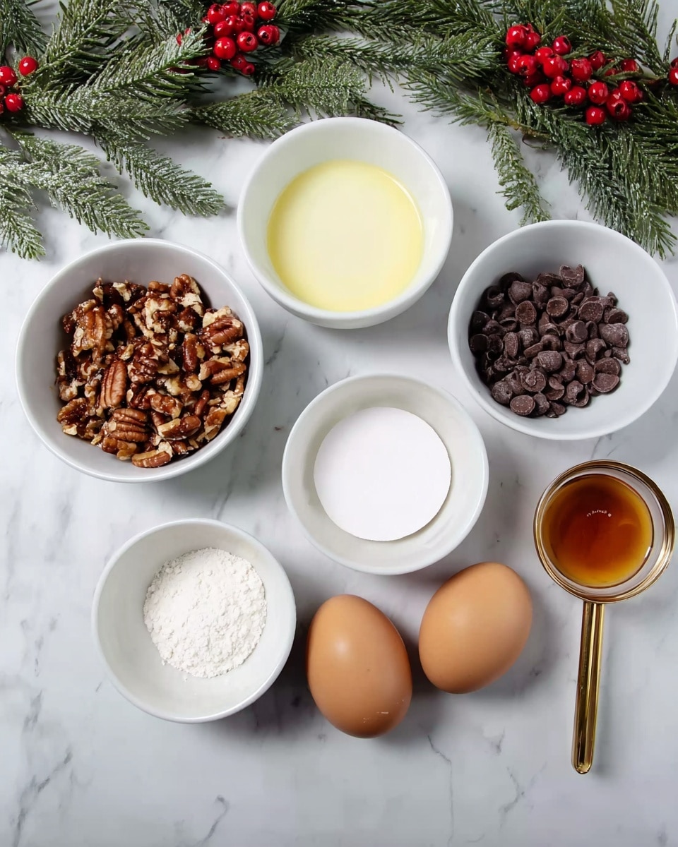 The image shows six white bowls and three empty eggshells on a white marbled surface, with green pine branches and red berries at the top. The top left bowl is filled with chopped pecans, the top right bowl contains dark chocolate chips. A bowl with a pale yellow liquid, likely egg whites, is in the middle. The bottom left bowl holds a white powder, probably sugar, and the bottom right bowl has a small amount of amber-colored liquid, perhaps vanilla extract, next to a gold measuring spoon. The three brown eggshells are in the center between the bowls. photo taken with an iphone --ar 4:5 --v 7