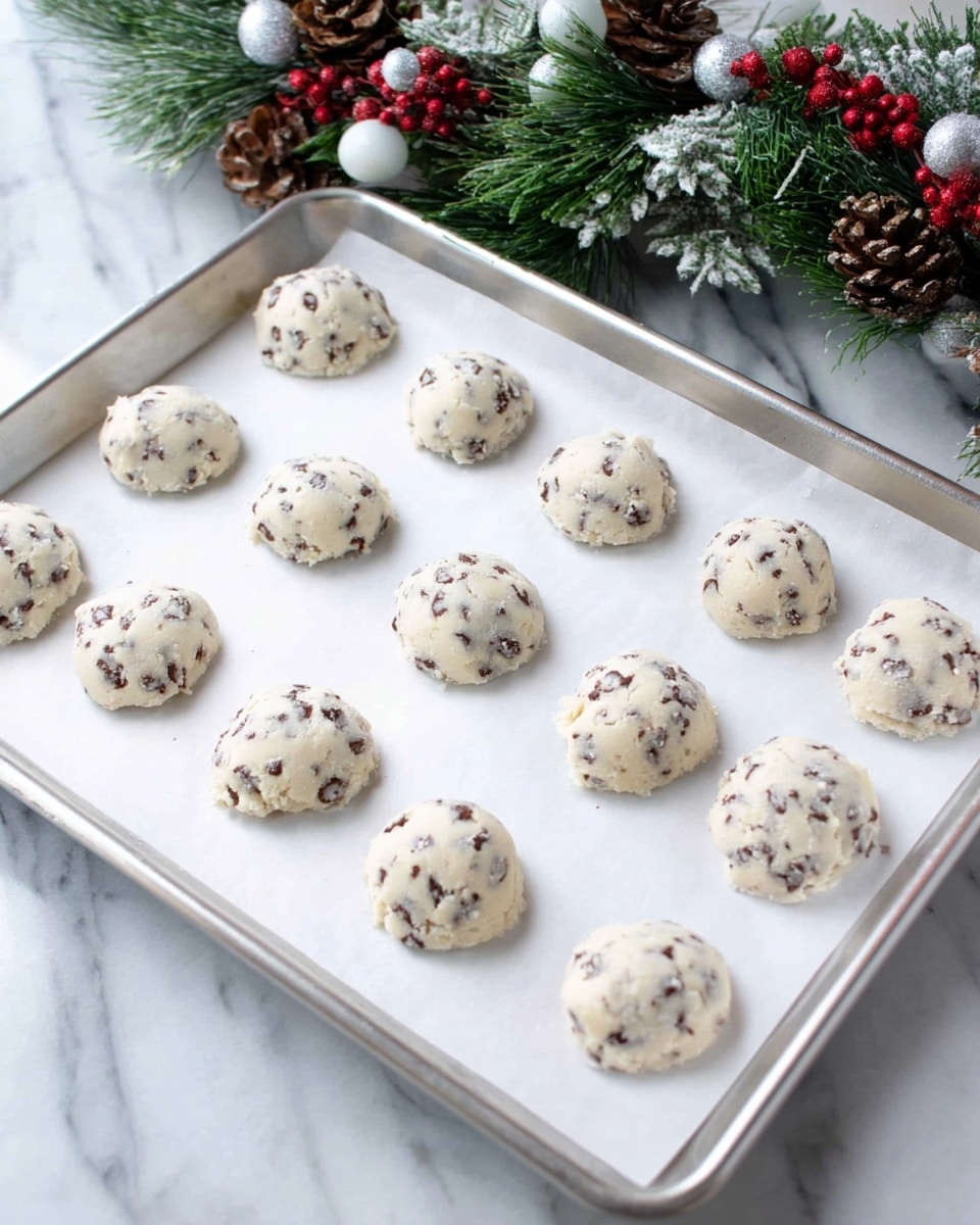 The image shows a silver baking tray lined with white parchment paper on a white marbled surface. On the parchment paper, there are fifteen dollops of white cookie dough mixed with small dark chocolate chips, arranged in evenly spaced rows. Each dollop is round with a slightly uneven texture due to the chocolate chips embedded throughout. In the background, there is a green festive decoration with pine needles, red berries, white berries, and pine cones, giving a holiday feel. The photo was taken with an iphone --ar 4:5 --v 7