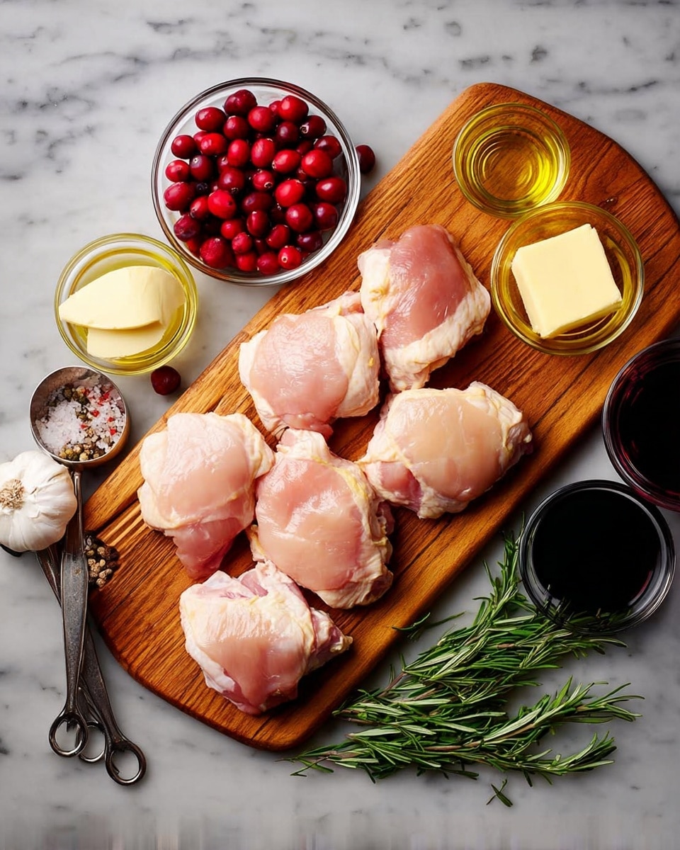 The image shows a wooden board on a white marbled surface. On the board, there are six pieces of raw chicken thighs, pale pink with some white fat. Around the board, you see small glass bowls with bright red cranberries, pale yellow butter, golden olive oil, and deep red wine. There are two metal measuring spoons with white salt and black pepper, a head of garlic, and fresh green rosemary sprigs beside the board. The scene looks clean and fresh, ready for cooking. photo taken with an iphone --ar 4:5 --v 7