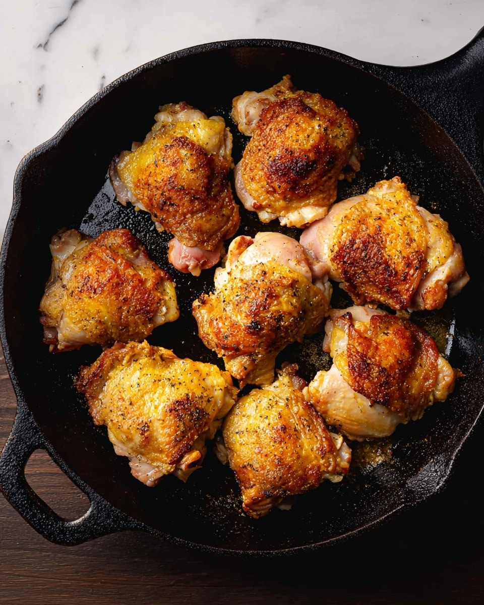 A black cast iron pan filled with eight pieces of browned chicken thighs. Each piece has a crispy golden-brown skin with some areas showing light yellow and a few juicy spots of cooked chicken meat. The chicken pieces are scattered but close to each other in the pan, which has a matte texture and a handle on the side. The background is a white marbled texture beneath the pan. photo taken with an iphone --ar 4:5 --v 7