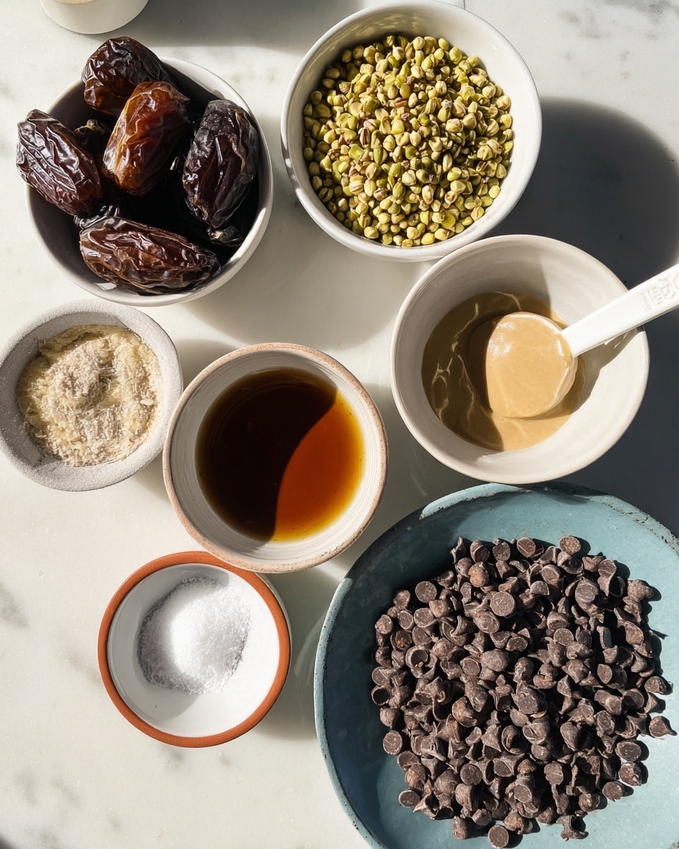 The image shows six white bowls and a white measuring scoop arranged on a white marbled surface. In the top left, a white bowl holds dark brown dates with wrinkled texture. Below it is another white bowl filled with small, pale yellow-green nuts that look like buckwheat groats. To the right of this bowl is a white measuring scoop with light beige tahini, smooth and creamy. Below the scoop is a white bowl with a dark amber liquid, possibly vanilla extract, inside a terracotta rim. At the bottom left, a small white bowl with a terracotta rim contains a pinch of white salt, and next to it is a matte blue plate holding a small mound of white coconut oil or fat. In the bottom right, a large white bowl is filled with shiny dark brown chocolate chips. The lighting is bright with soft natural shadows. Photo taken with an iphone --ar 4:5 --v 7