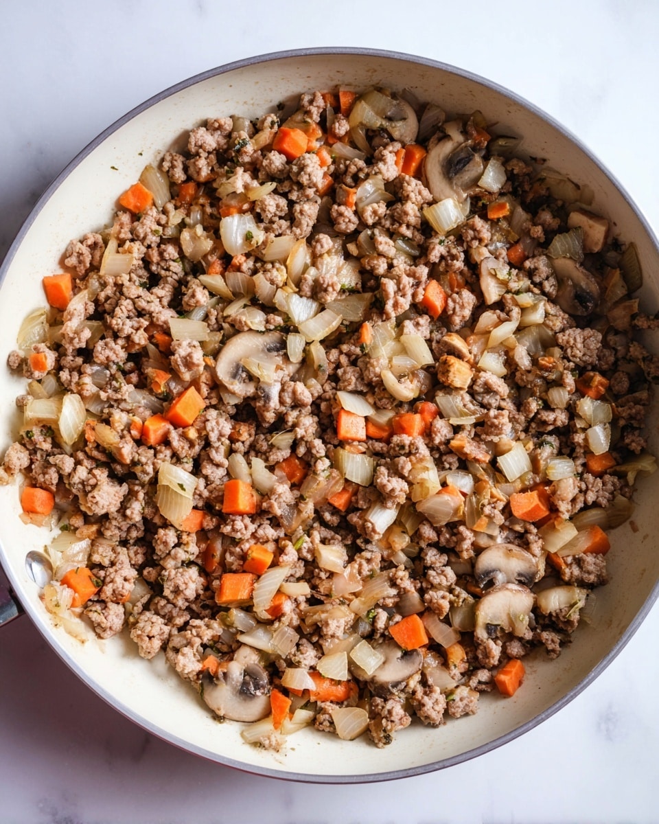 A close-up top view of a white frying pan filled with one layer of cooked ground meat mixed with diced onions, small carrot pieces, and chopped mushrooms. The meat is brown and crumbly, while the onions are translucent with a bit of shine, the carrots add bright orange spots, and the mushrooms are light brown with a soft texture. The pan sits on a white marbled surface. Photo taken with an iphone --ar 4:5 --v 7