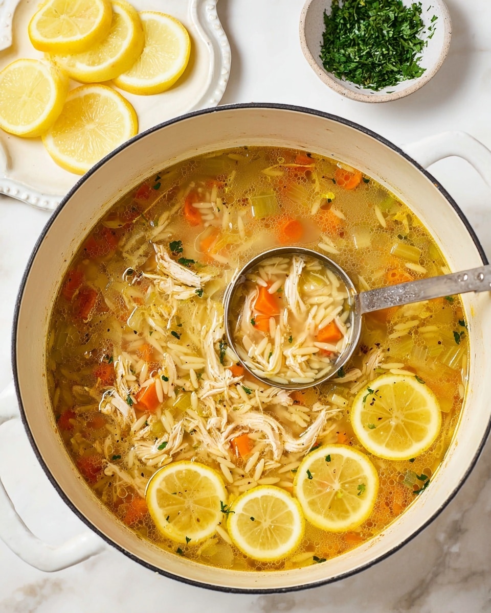 A large white pot filled with clear golden broth, shredded light brown chicken pieces, small orange carrot cubes, and slivered celery in a light green shade, with white orzo pasta scattered throughout. In the broth, three thin, round yellow lemon slices float neatly near the edge. A silver ladle is resting inside the pot, holding some soup with visible chicken, orzo, and carrots. The pot sits on a white marbled surface with a white plate holding more lemon slices nearby and chopped green herbs in a small white bowl. Photo taken with an iphone --ar 4:5 --v 7