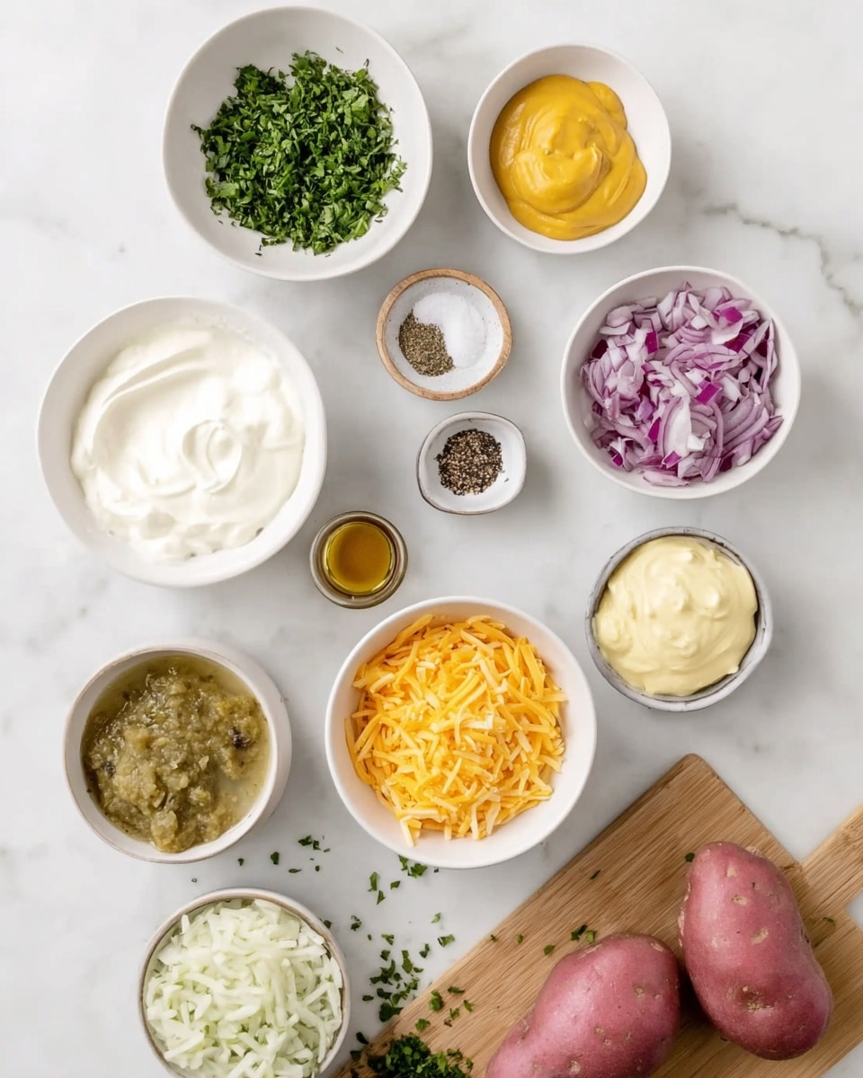 This image shows a top view of several white bowls with different bright ingredients placed on a white marbled surface. There are eight main bowls: one with chopped green herbs, one with white creamy sour cream, one with a mix of black pepper and salt, one with yellow mustard, one with yellow shredded cheese, one with small chopped purple onions, one with a light green relish, and one with pale yellow mayonnaise. Two whole red potatoes sit next to the bowls. Below them, a wooden cutting board with some chopped herbs is partly visible. The colors stand out nicely against the clean white marble background. Photo taken with an iphone --ar 4:5 --v 7