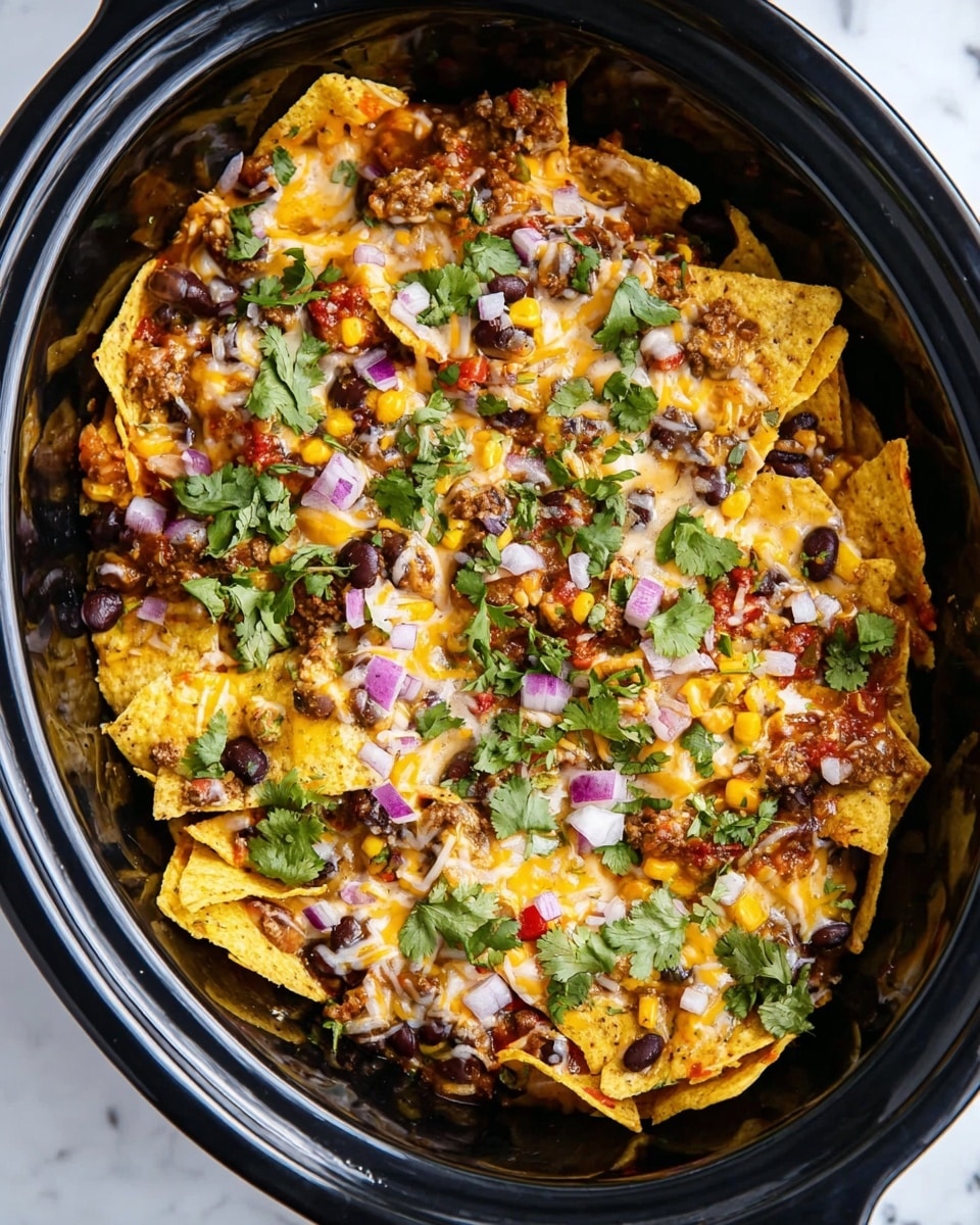 The dish is served in a black slow cooker filled with several layers starting with a base of crispy golden yellow tortilla chips. On top, there is a mix of melted light golden and white cheese, browned ground meat, yellow corn kernels, and black beans scattered throughout. The dish is garnished with fresh chopped green cilantro leaves and small cubes of purple-red onion, adding pops of color. The textures include crispy chips, melted cheese, and moist meat with vegetables, all combined in a hearty, colorful, and inviting presentation. The slow cooker sits on a white marbled surface photo taken with an iphone --ar 4:5 --v 7