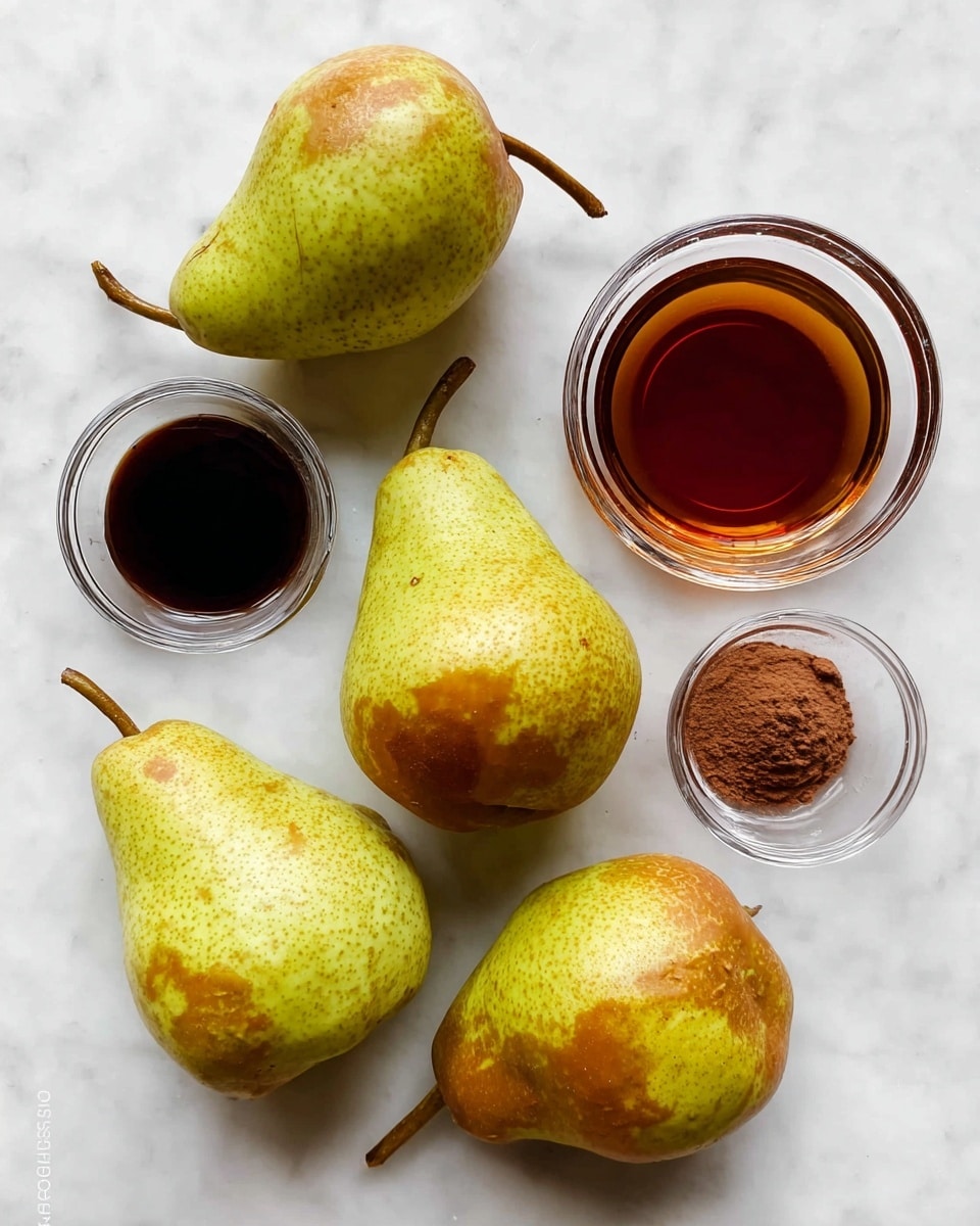 The image shows four whole pears arranged on a white marbled surface, each pear displaying a mix of green and yellow tones with some brown spots and stems visible. Near the center, there are three small glass bowls: one large bowl filled with a dark amber liquid, a smaller bowl with a dark brown liquid, and the smallest bowl containing a mound of brown powder. The composition is simple, with the ingredients spaced out and clear, set against the white marbled backdrop. photo taken with an iphone --ar 4:5 --v 7